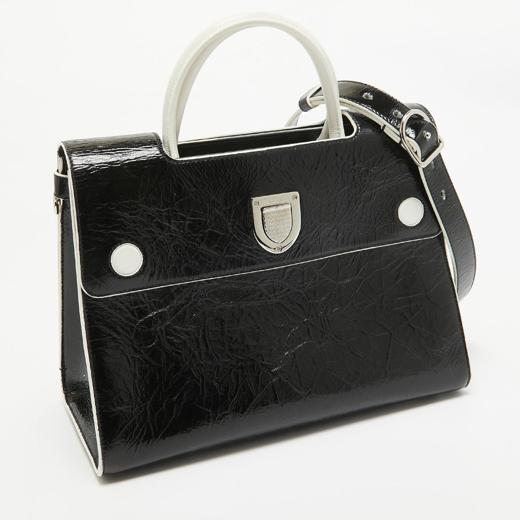 Dior Black/white Crinkled  Leather Medium Diorever Top Handle Bag