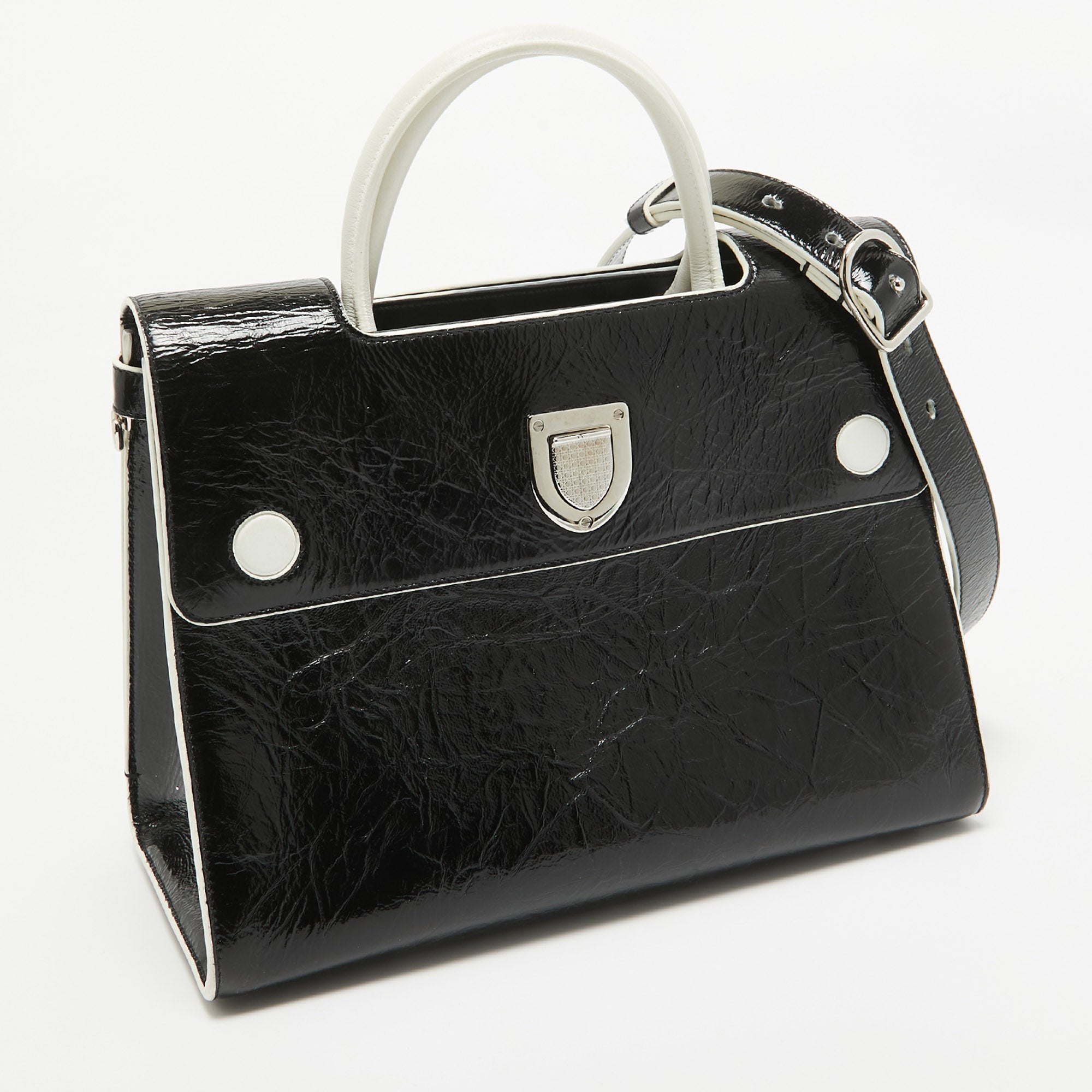 Dior Black/white Crinkled  Leather Medium Diorever Top Handle Bag