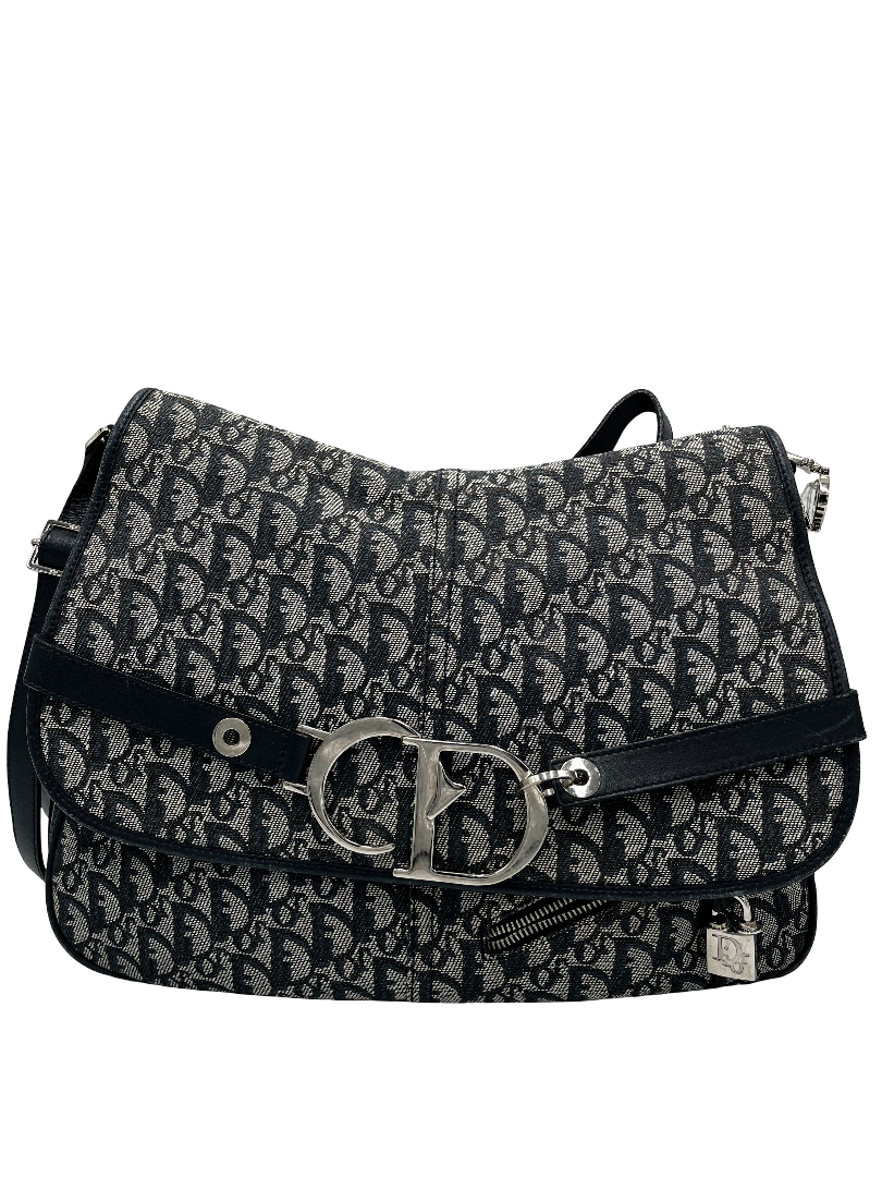 Christian Dior Vintage Cd Flap Messenger Bag Diorissimo Canvas Navy Canvas Shoulder Bag Bag (Pre-Owned)