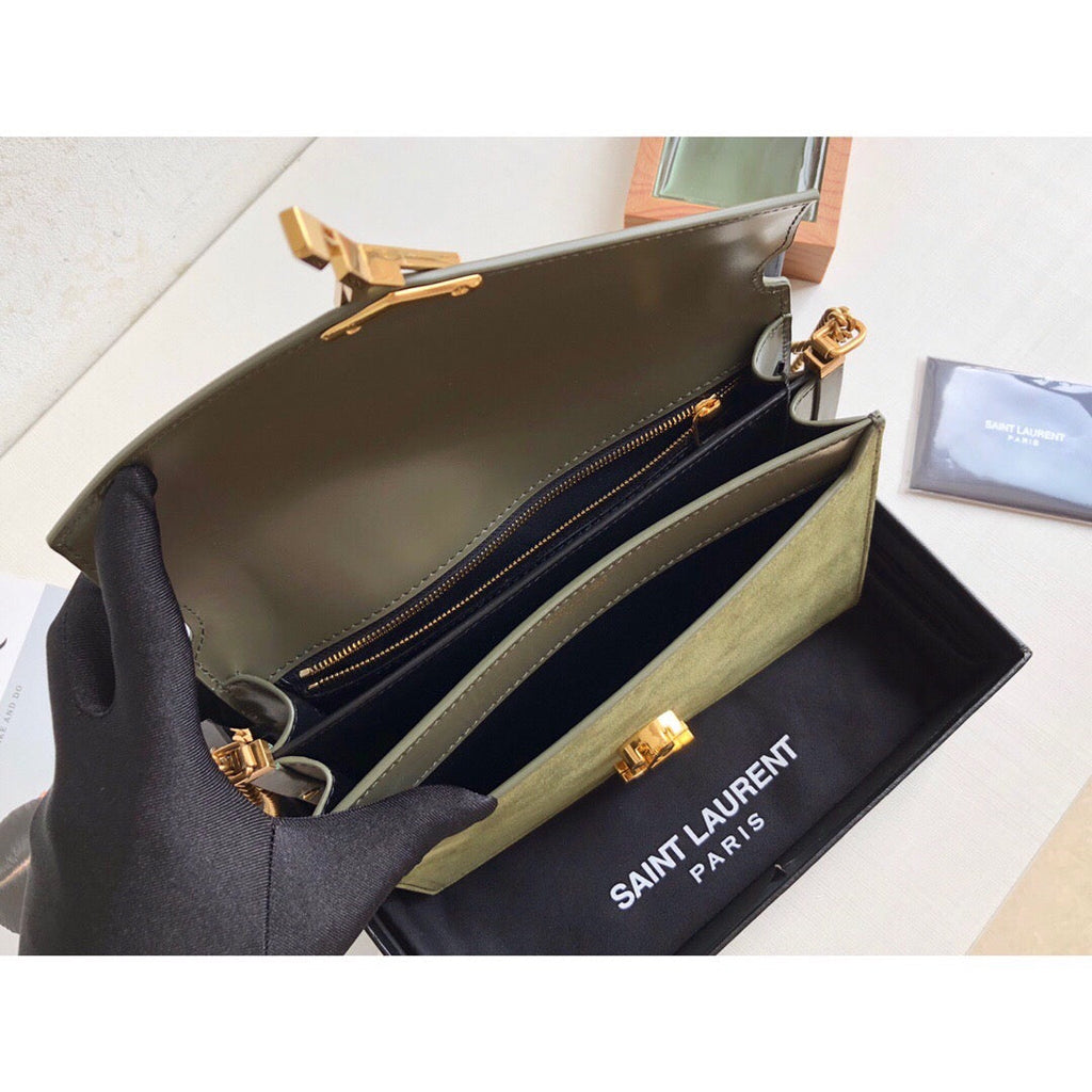 YSSL Cassandra Medium Chain Bag In Box And Velvet Green For Women 8in/22cm YSL