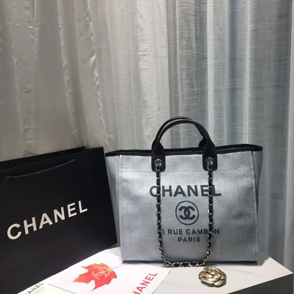 Chanel Deauville Tote Canvas Bag Light Grey For Women Handbags, Shoulder Bags 15in/38cm A66941