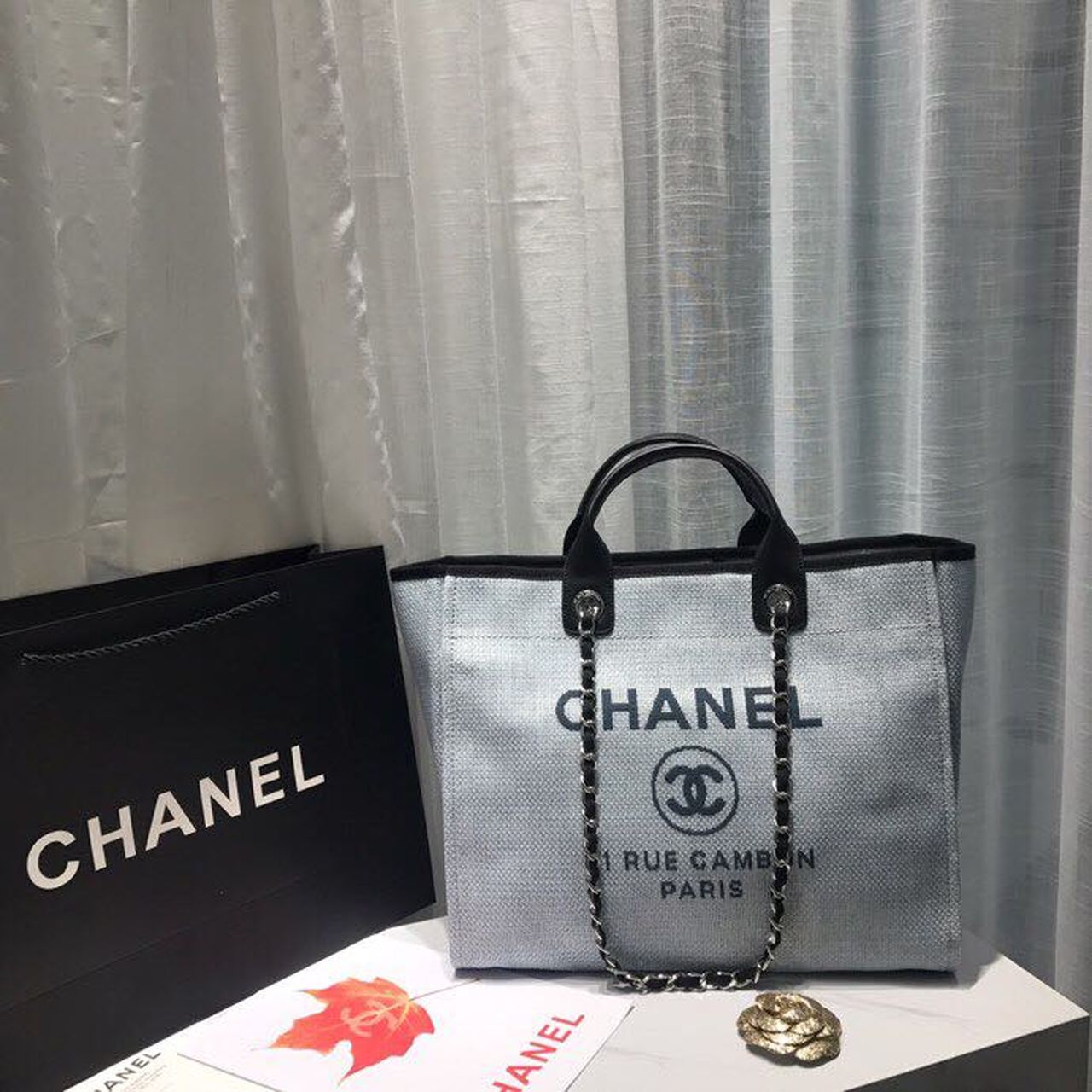 Chanel Deauville Tote Canvas Bag Light Grey For Women Handbags, Shoulder Bags 15in/38cm A66941
