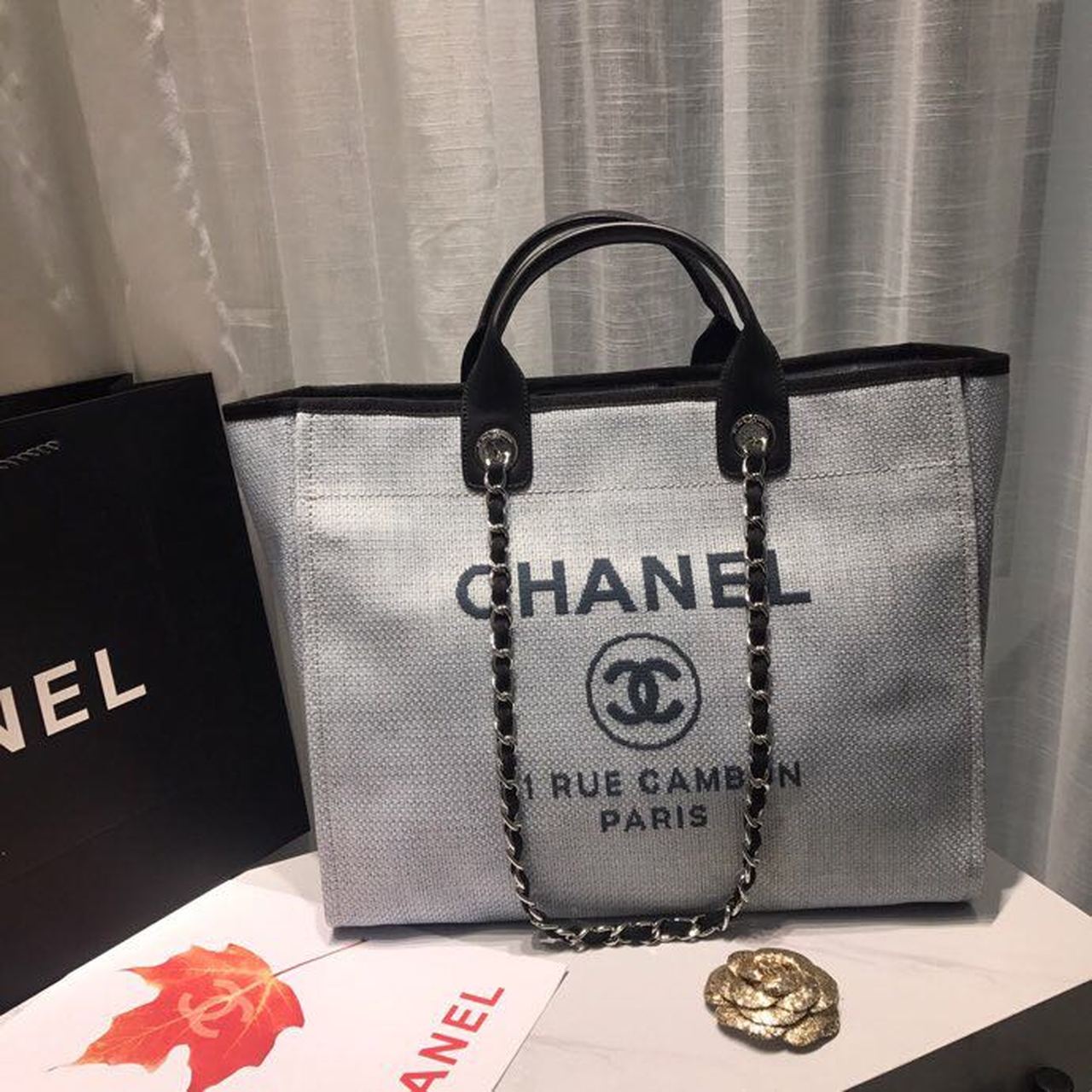 Chanel Deauville Tote Canvas Bag Light Grey For Women Handbags, Shoulder Bags 15in/38cm A66941