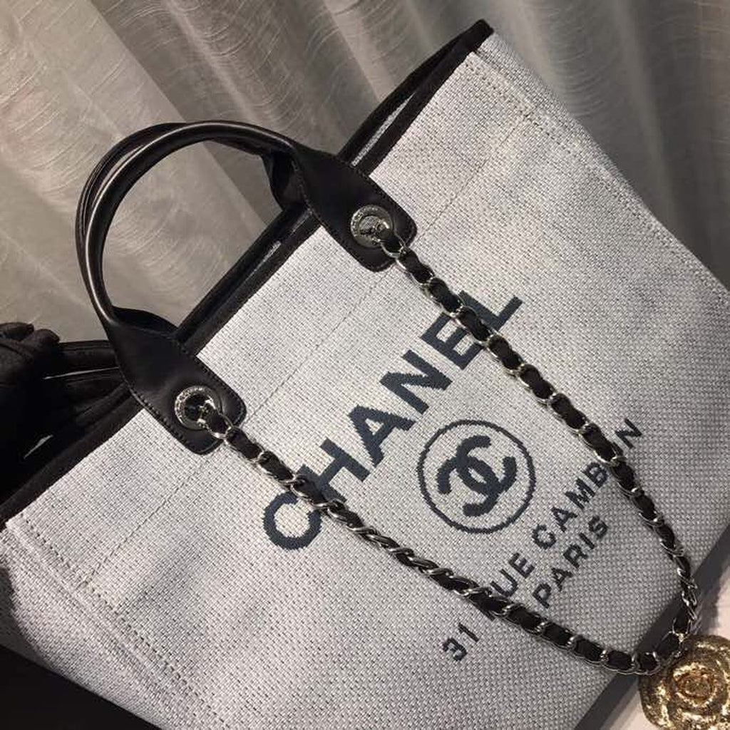 Chanel Deauville Tote Canvas Bag Light Grey For Women Handbags, Shoulder Bags 15in/38cm A66941