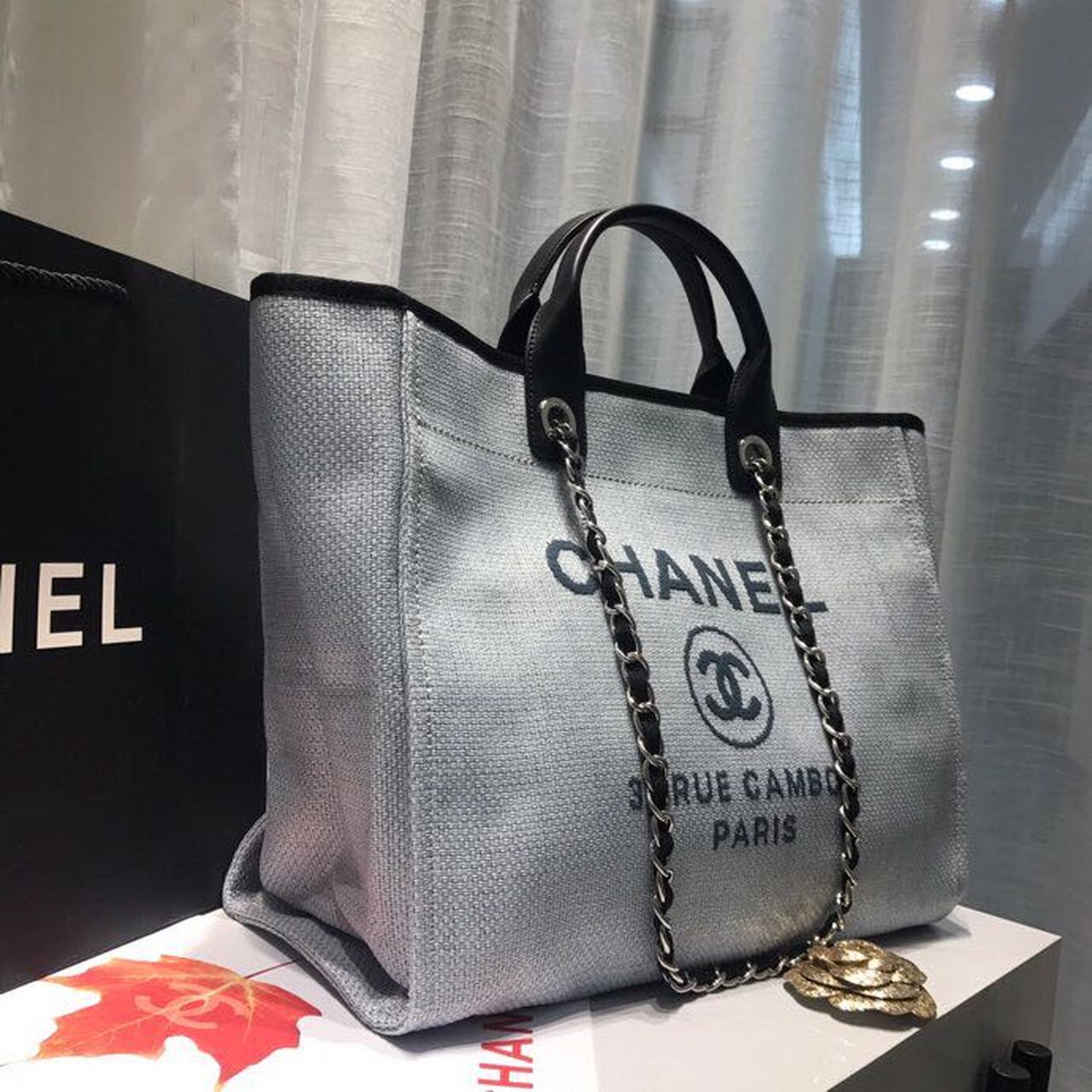 Chanel Deauville Tote Canvas Bag Light Grey For Women Handbags, Shoulder Bags 15in/38cm A66941