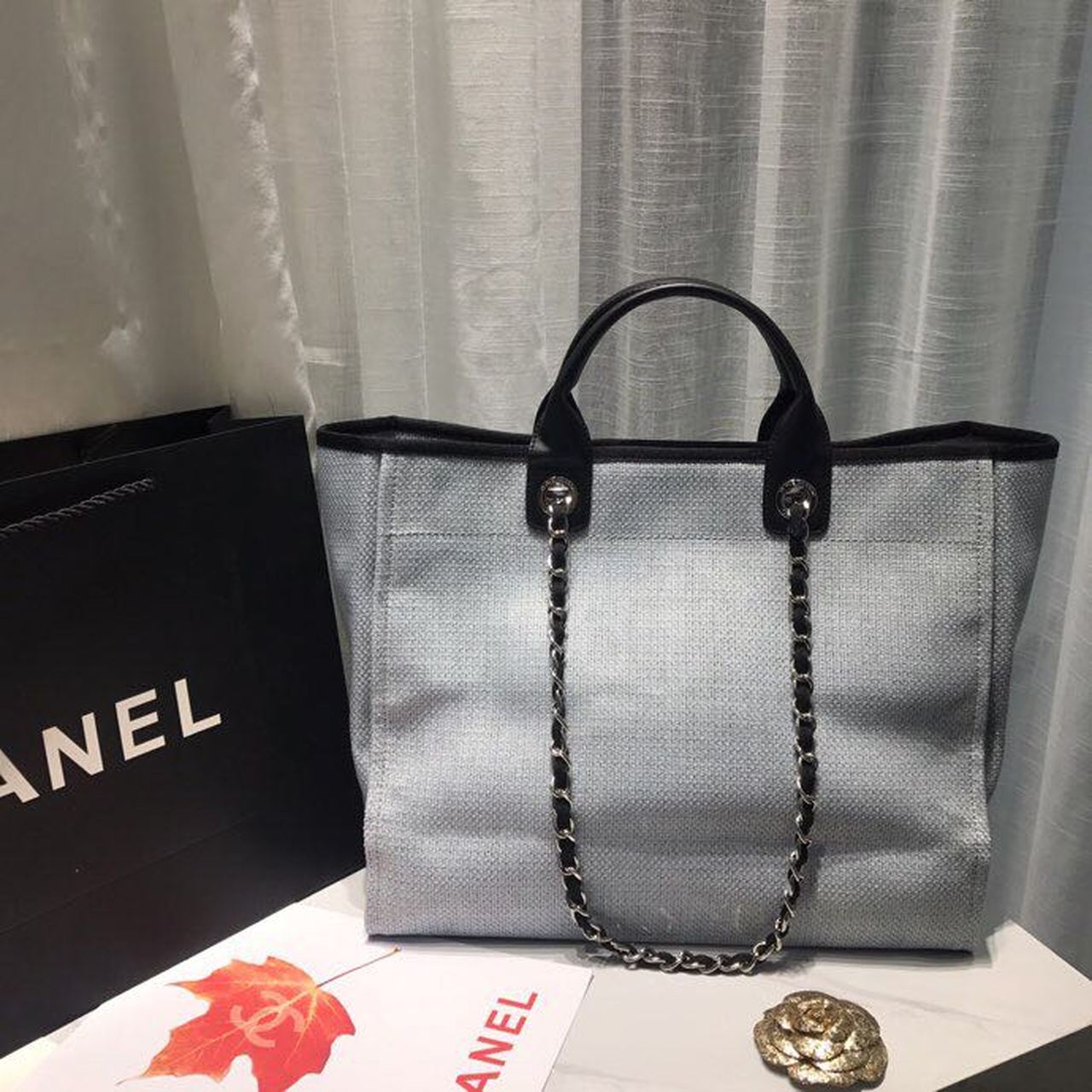 Chanel Deauville Tote Canvas Bag Light Grey For Women Handbags, Shoulder Bags 15in/38cm A66941