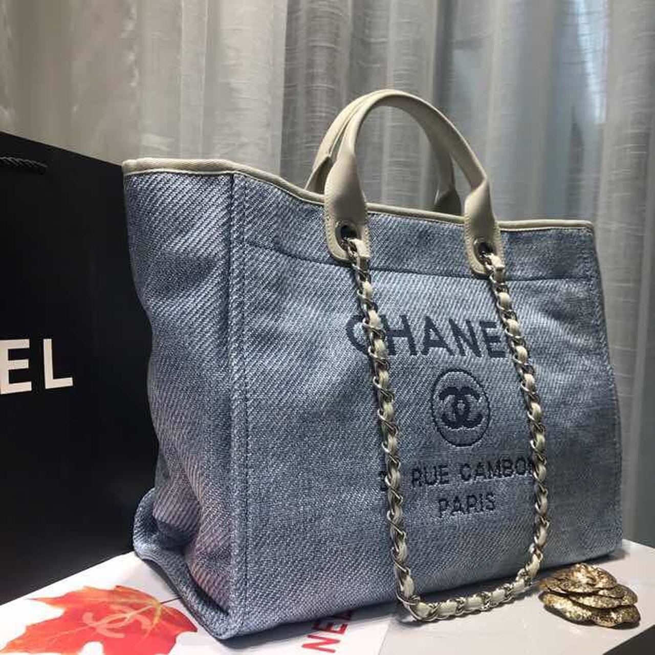 Chanel Deauville Tote Canvas Bag Light Grey For Women Handbags, Shoulder Bags 15in/38cm A66941