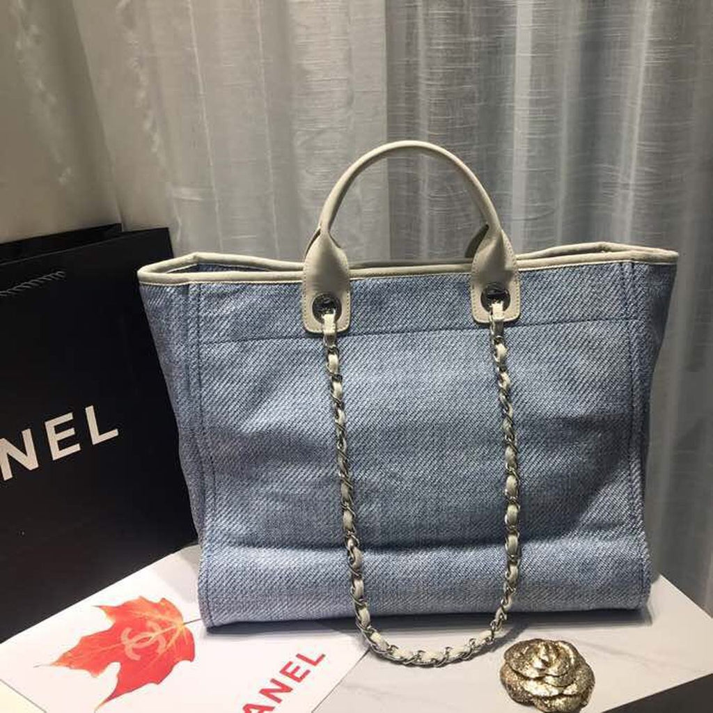 Chanel Deauville Tote Canvas Bag Light Grey For Women Handbags, Shoulder Bags 15in/38cm A66941