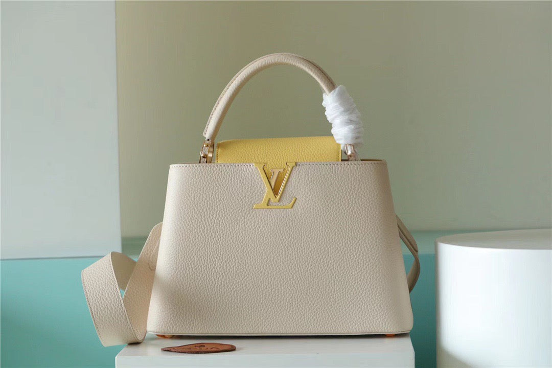 Louis Vuitton Capucines BB Taurillon Creme Beige/ Plume Yellow Berlingot For Women, Women’s Bags, Shoulder And Crossbody Bags 10.6in/27cm Louis Vuitton