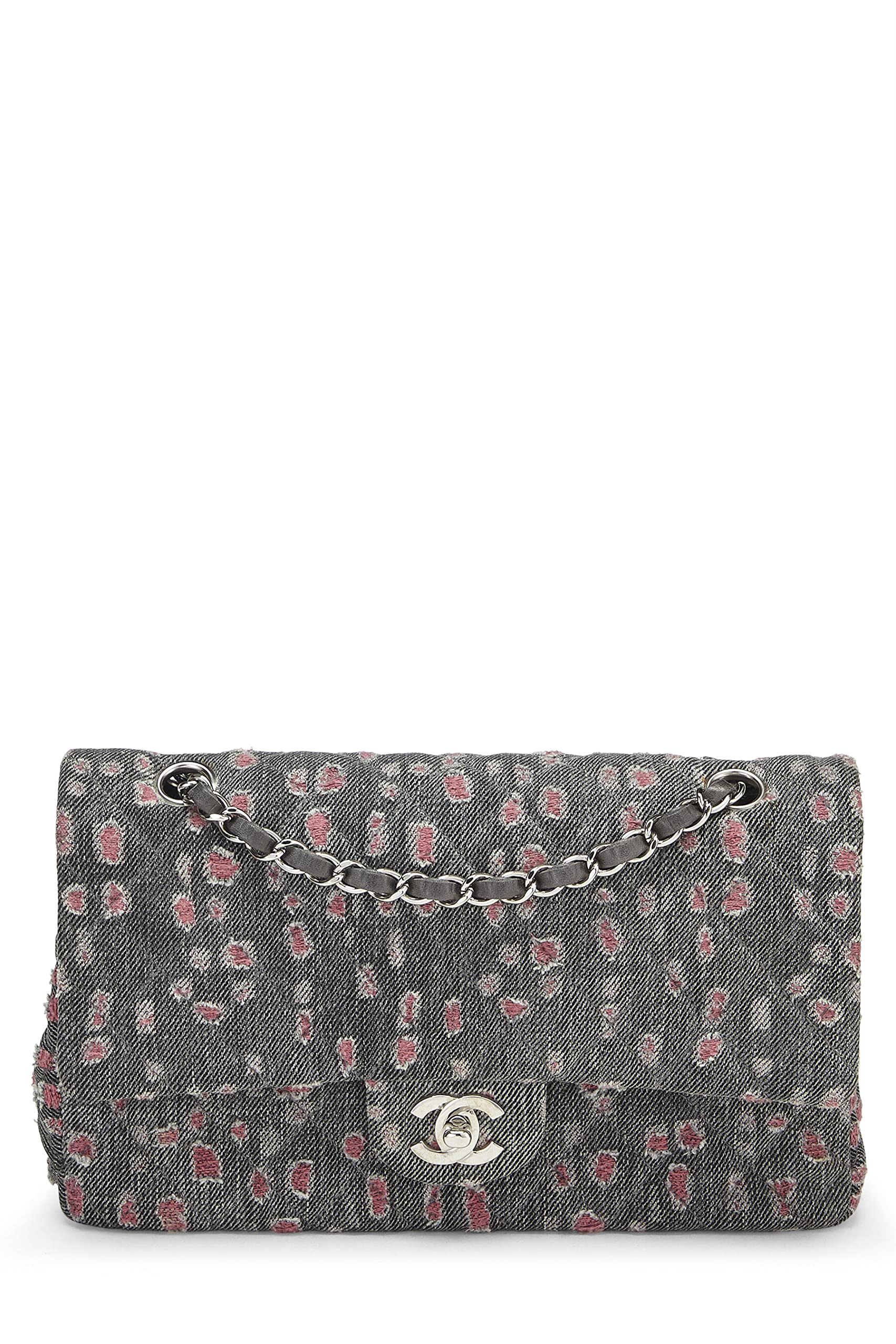 Chanel,  Grey & Pink Distressed Denim Classic Double Flap Medium, Pink