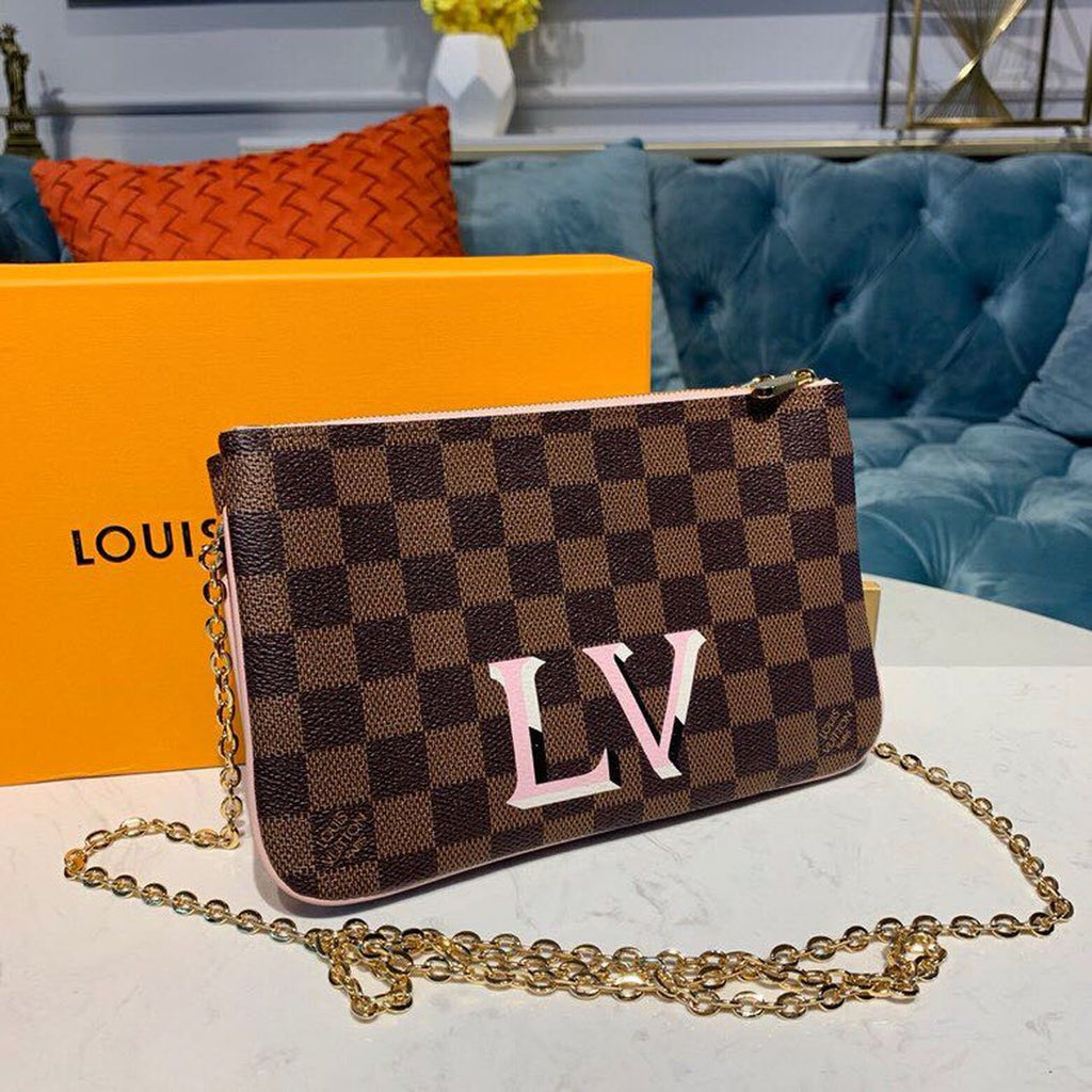 Louis Vuitton Pochette Double Zip Damier Ebene Canvas Rose Ballerine Pink For Women, Women’s Bags, Shoulder And Crossbody Bags 7.9in/21cm Louis Vuitton N60254
