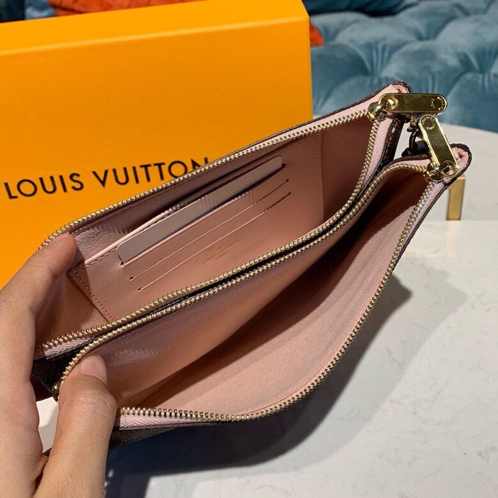 Louis Vuitton Pochette Double Zip Damier Ebene Canvas Rose Ballerine Pink For Women, WomenÃƒÂ¢Ã¢â€šÂ¬Ã¢â€žÂ¢s Bags, Shoulder And Crossbody Bags 7.9in/21cm Louis Vuitton N60254