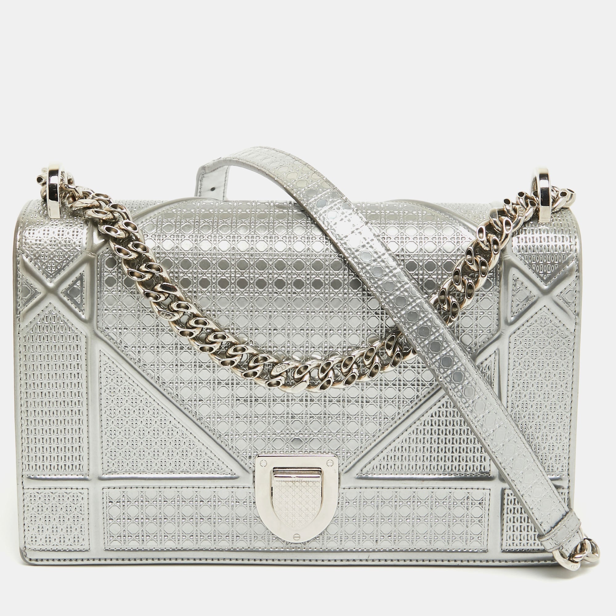 Silver Microcannage  Leather Medium Diorama Flap Shoulder Bag