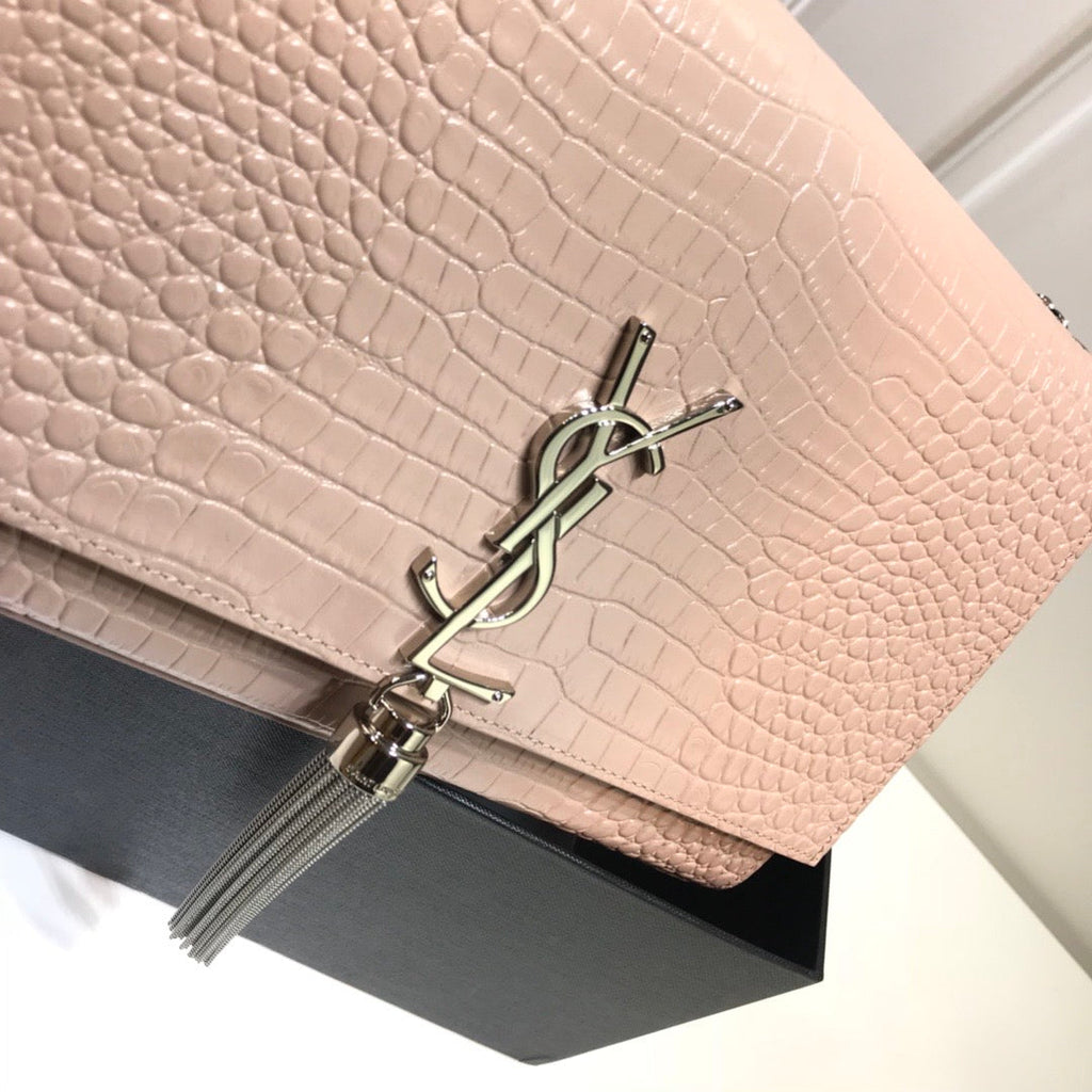 YSSL Kate Medium Chain Bag With Tassel In Embossed Crocodile Dark Beige For Women 9in/24cm YSL