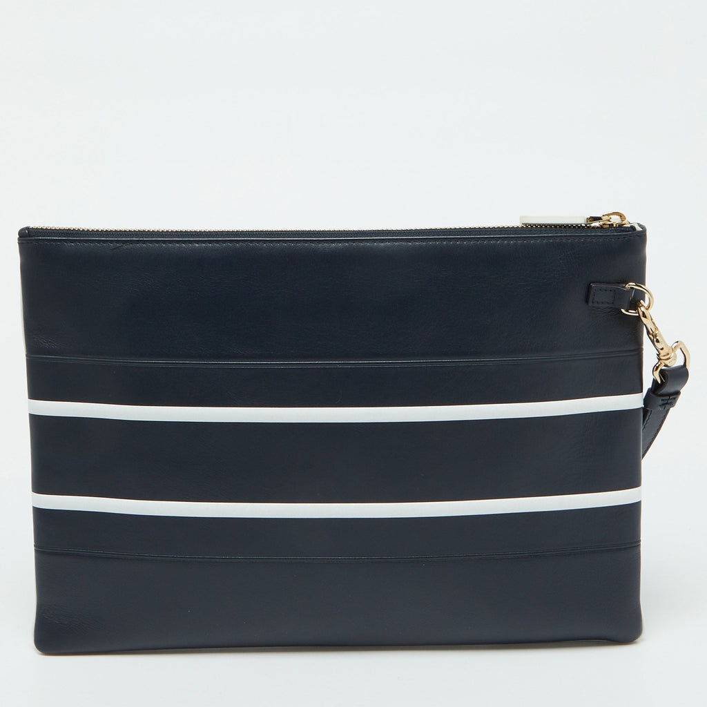 Dior Navy Blue/white Leather Logo Vibe Zip Clutch