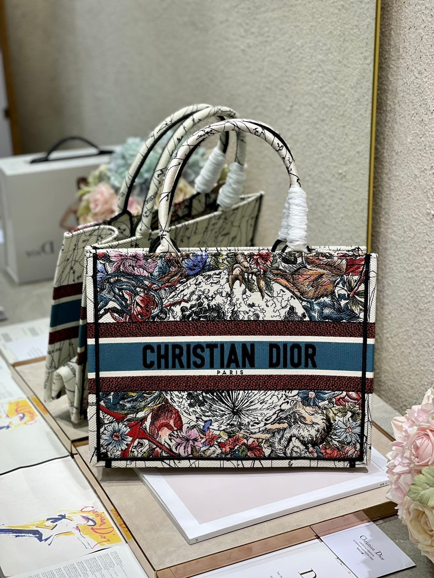Dior MeDiorum Book Tote Latte Multicolor ZoDiorac Embroidery, Latte Multicolor, For Women Women’s Handbags, Shoulder Bags, 36cm CD