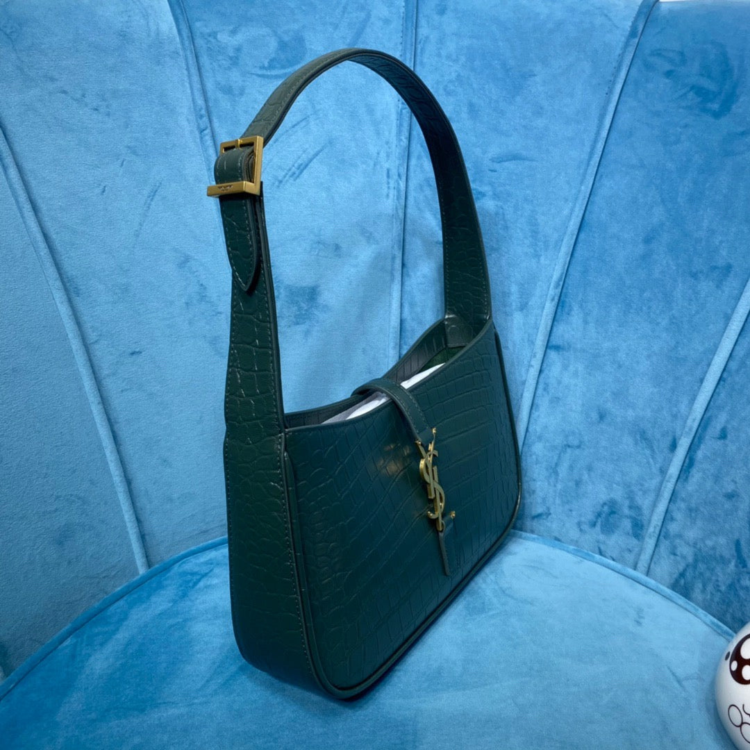 Top Quality Le 5 Ã 7 Hobo Bag In CrocoTop Qualityle Embossed Shiny Dark Green For Women 9in/23cm YSL 657228DZE0W3045
