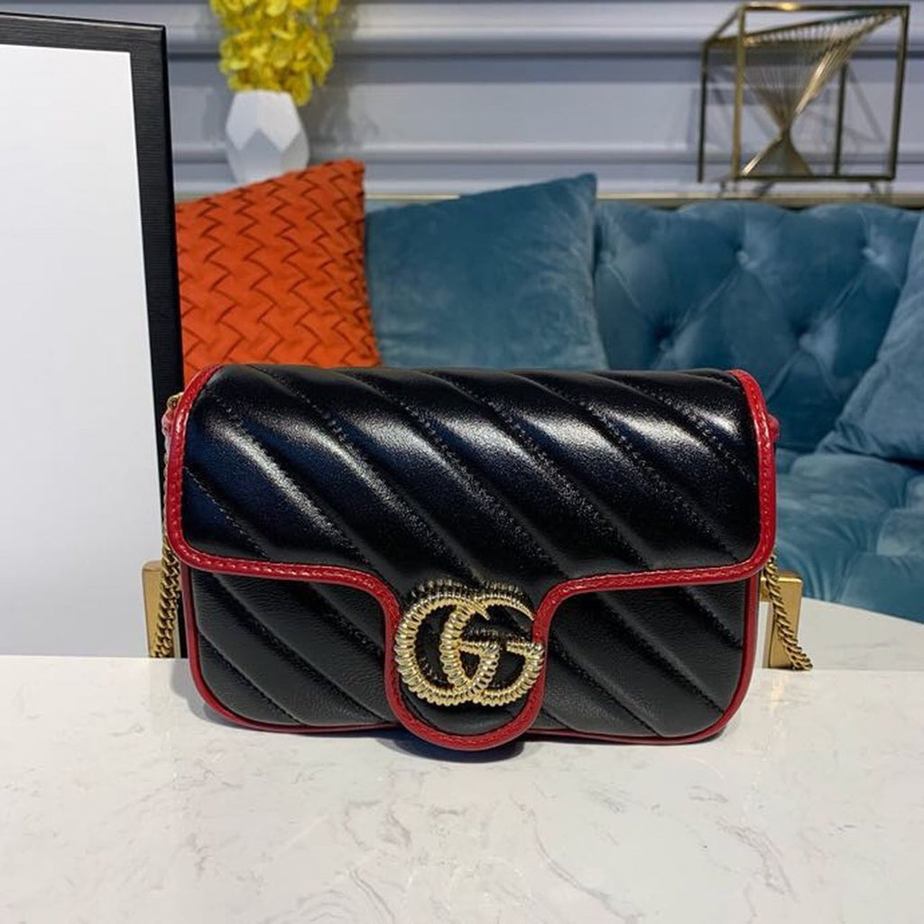 Marmont GLAMIagonal Matelass Shoulder Bag Black Red For Women 10in/26cm 443497