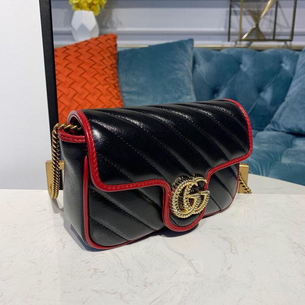 Marmont GLAMIagonal Matelass Shoulder Bag Black Red For Women 10in/26cm 443497