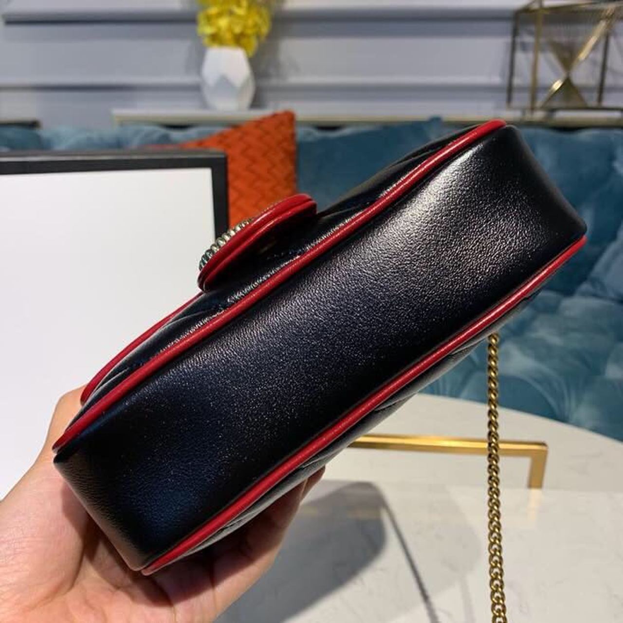 Gucci Marmont Dioragonal Matelass Shoulder Bag Black Red For Women 10in/26cm Gucci 443497