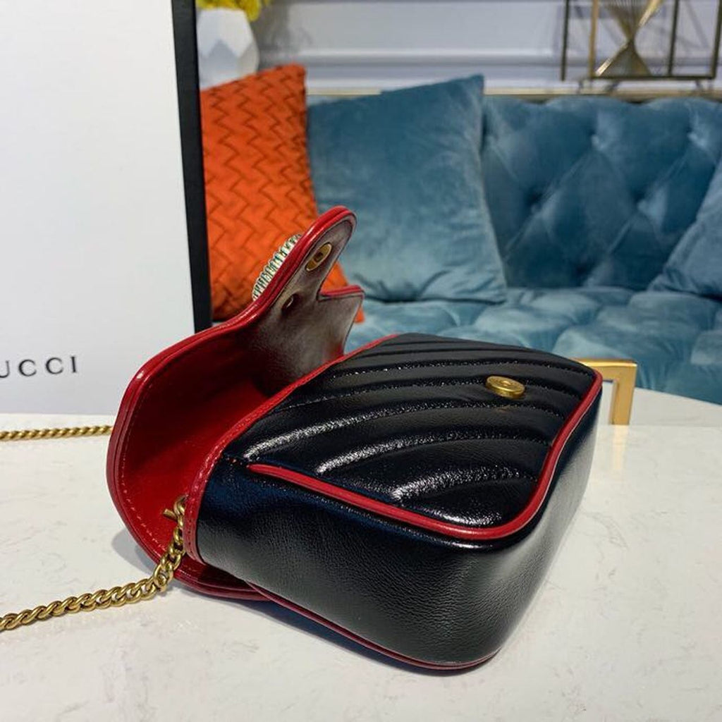 Marmont GLAMIagonal Matelass Shoulder Bag Black Red For Women 10in/26cm 443497