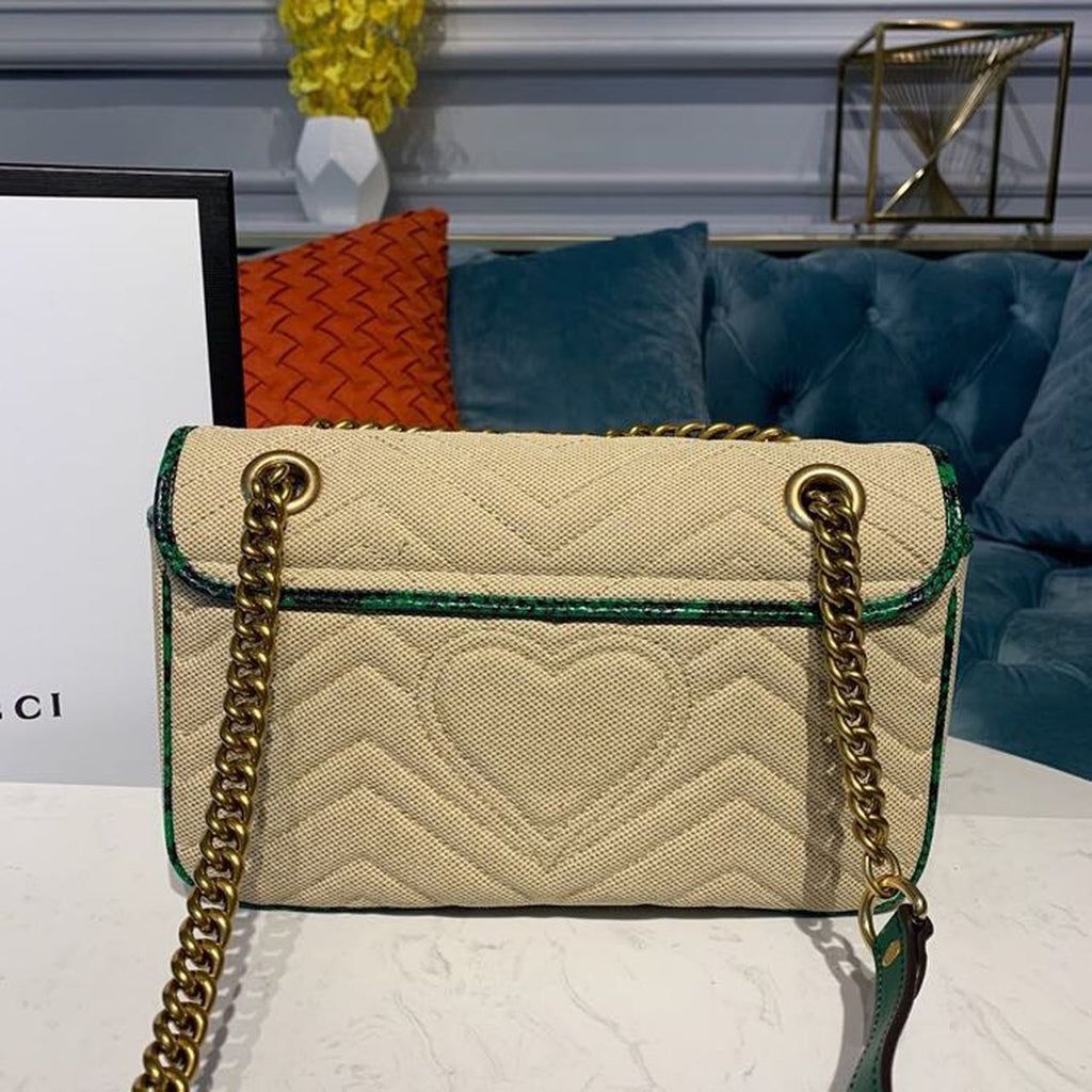 Marmont Raffia Straw Shoulder Bag Beige/Green Chevron MatelassÃƒÂ© Raffia Effect Fabric For Women 10in/26cm  Ã¢â‚¬Å½443497