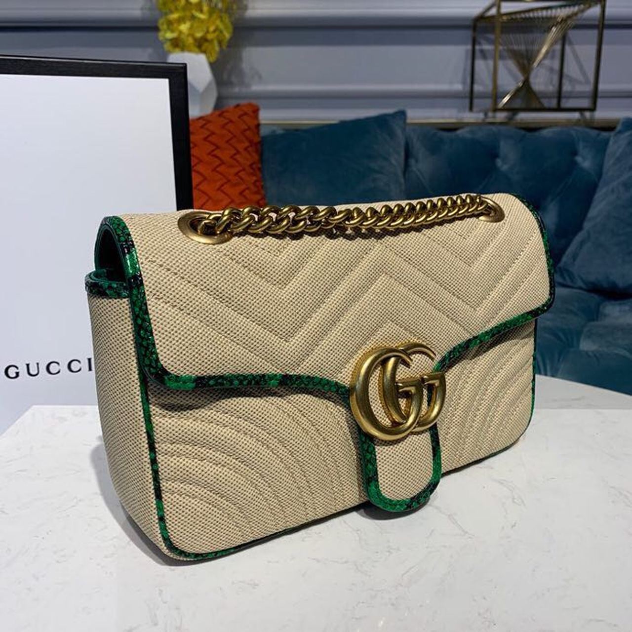 Marmont Raffia Straw Shoulder Bag Beige/Green Chevron MatelassÃƒÂ© Raffia Effect Fabric For Women 10in/26cm  Ã¢â‚¬Å½443497