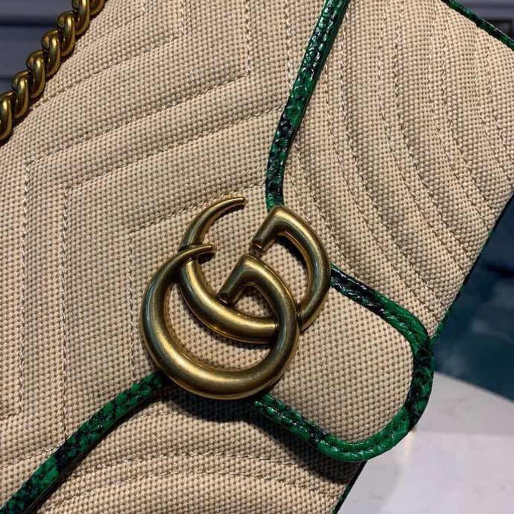 Gucci Marmont Rafa Straw Shoulder Bag Beige/Green Gucci Chevron Matelassé Rafa Effect Fabric For Women 10in/26cm Gucci  ‎443497