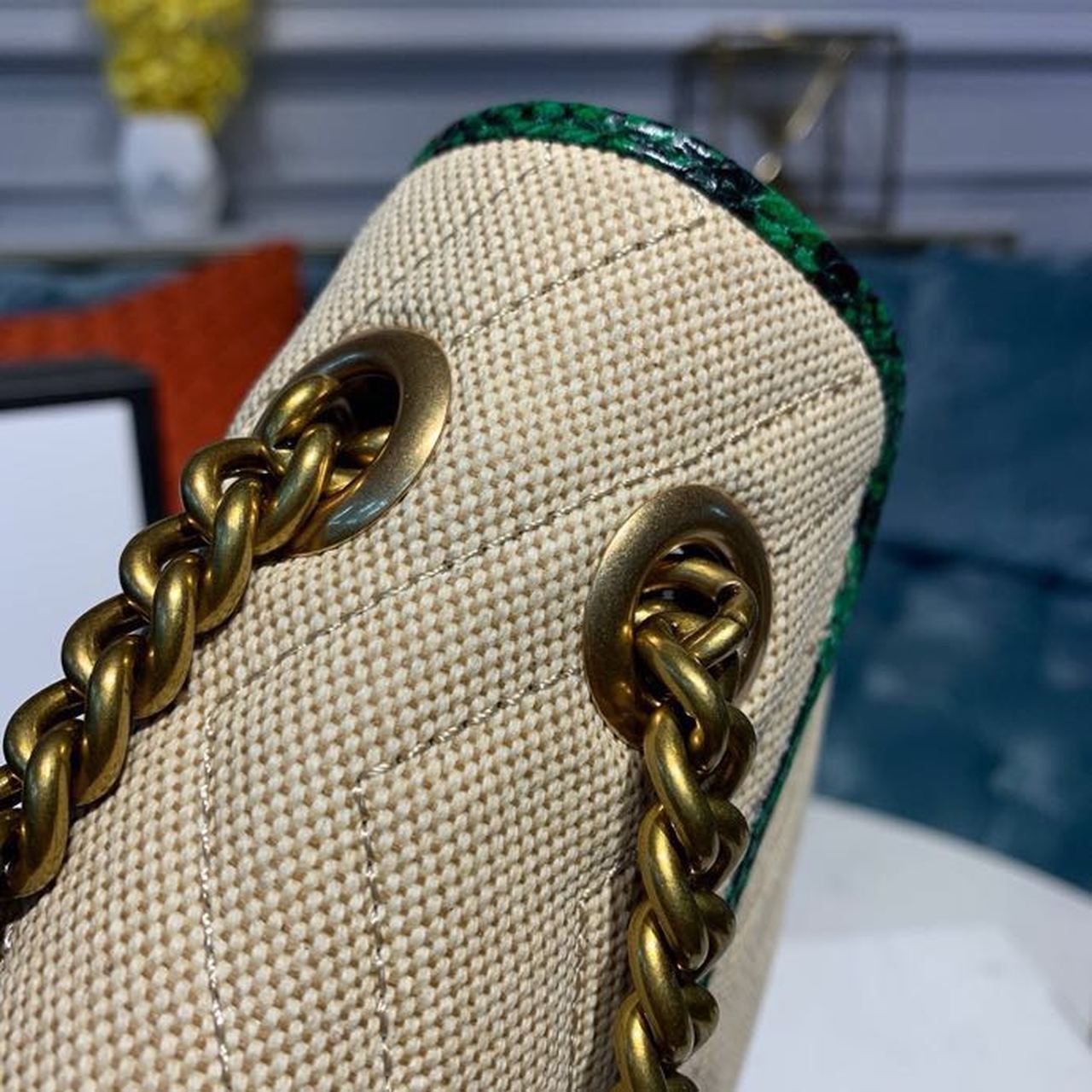 Marmont Raffia Straw Shoulder Bag Beige/Green Chevron MatelassÃƒÂ© Raffia Effect Fabric For Women 10in/26cm  Ã¢â‚¬Å½443497