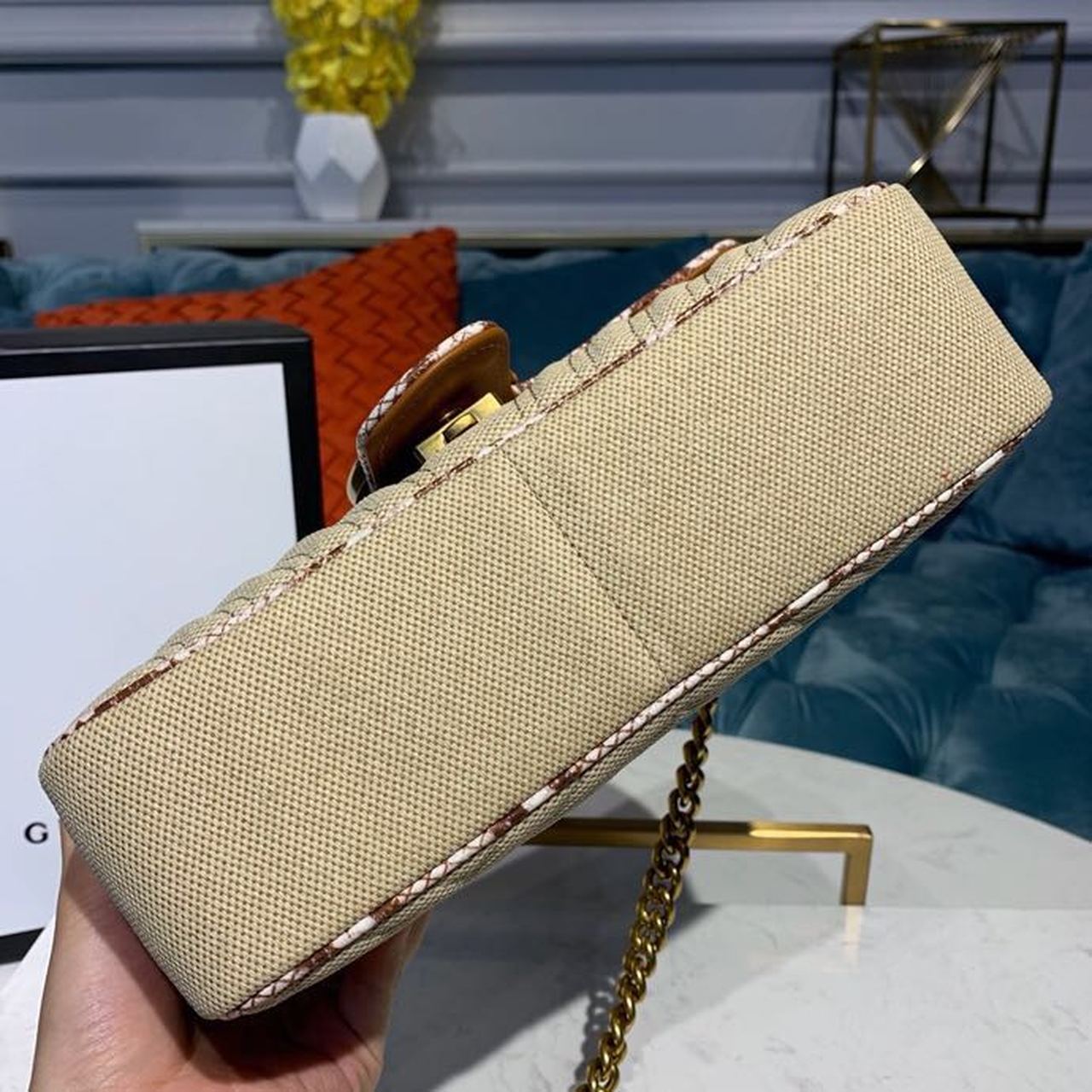 Gucci Marmont Rafa Straw Shoulder Bag Cream/Brown/Beige Gucci Chevron Matelassé Rafa Effect Fabric For Women 10in/26cm Gucci  ‎443497