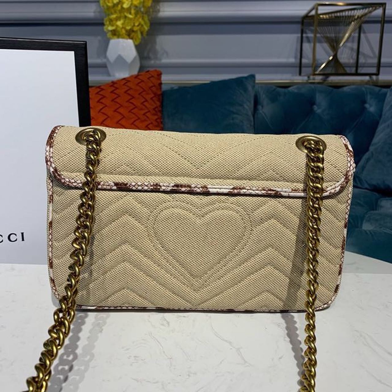 Gucci Marmont Rafa Straw Shoulder Bag Cream/Brown/Beige Gucci Chevron Matelassé Rafa Effect Fabric For Women 10in/26cm Gucci  ‎443497