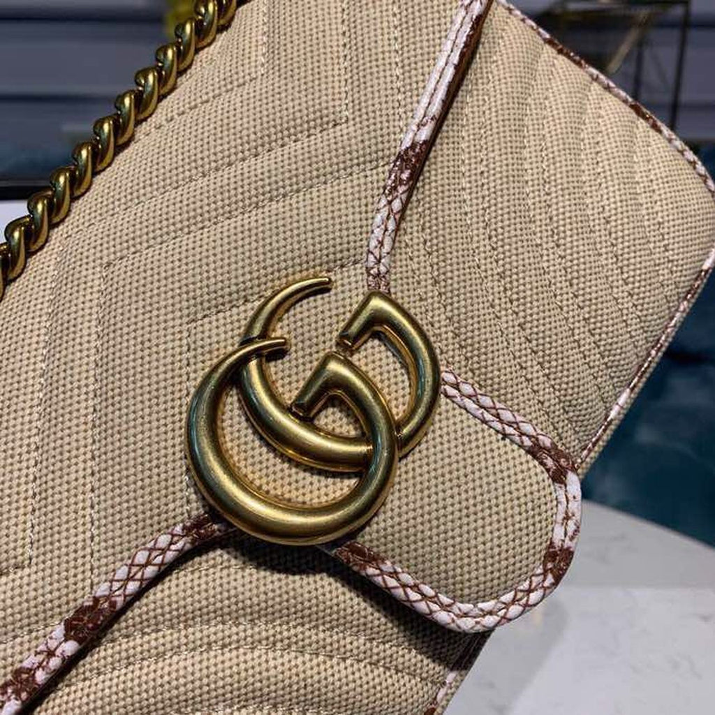 Gucci Marmont Rafa Straw Shoulder Bag Cream/Brown/Beige Gucci Chevron Matelassé Rafa Effect Fabric For Women 10in/26cm Gucci  ‎443497