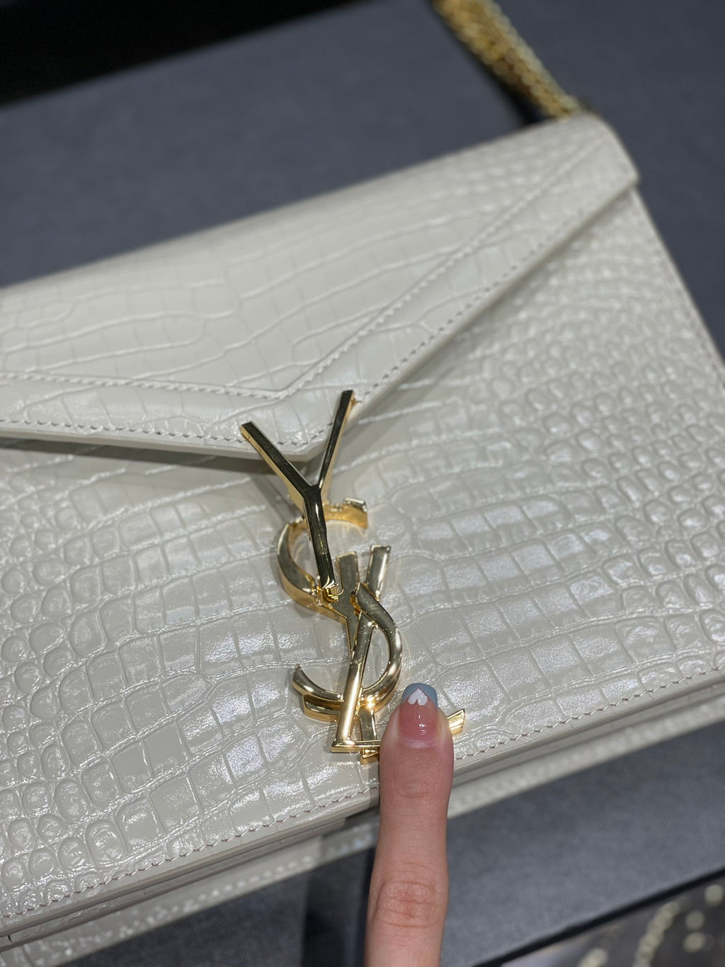 YSSL Cassandra Medium Chain Bag White In Grain De Poudre Embossed For Women 8in/22cm YSL