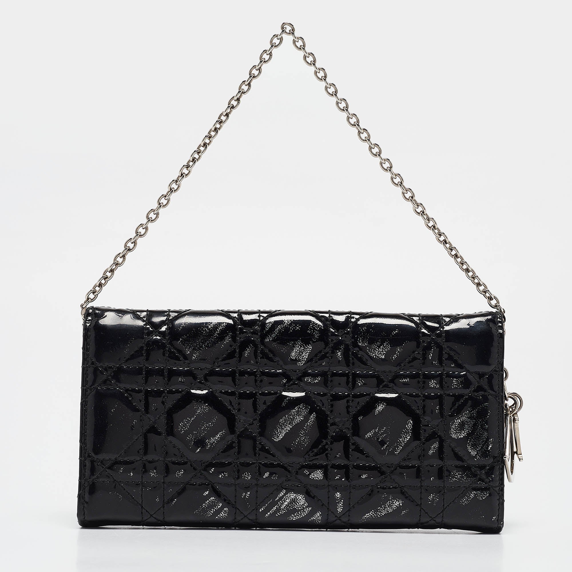 Dior Black Cannage  Leather Lady Dior Wallet On Chain