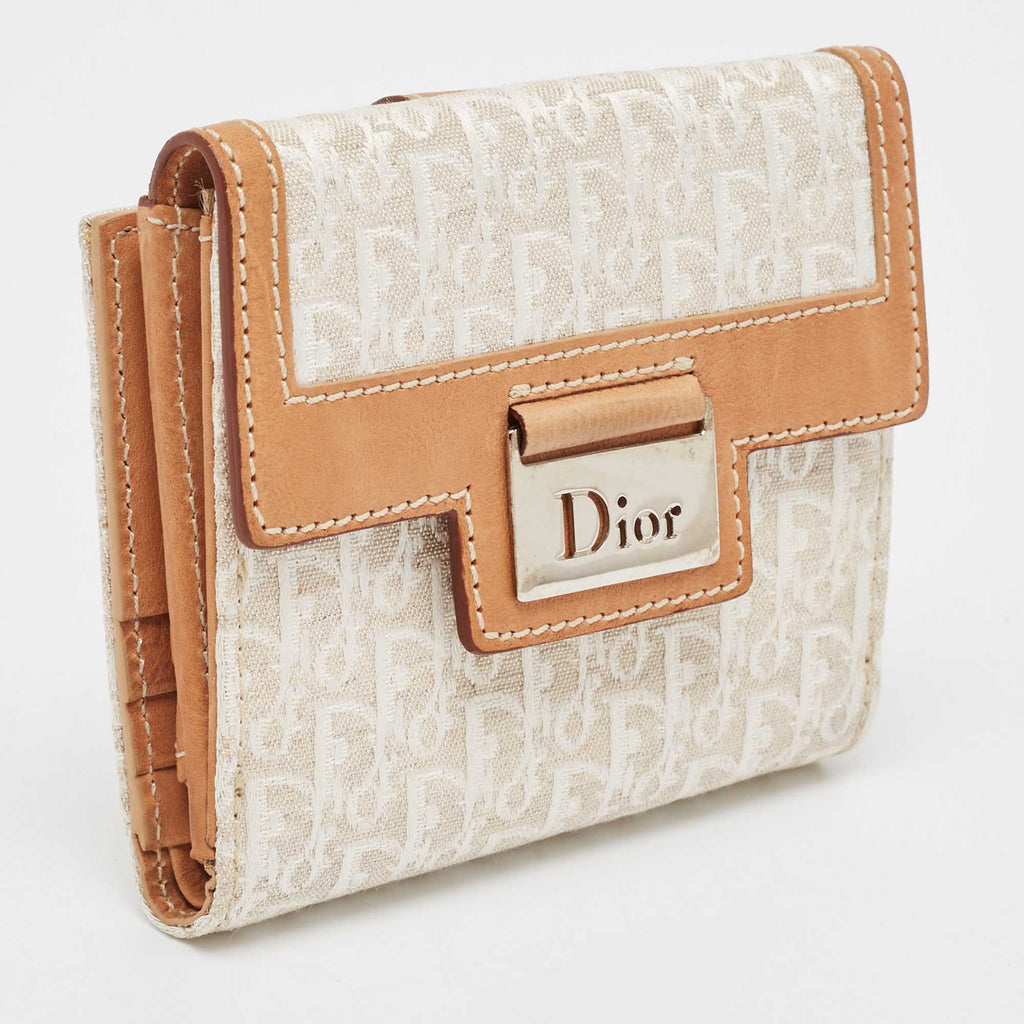 Dior White/br Oblique Canvas And Leather Street Chic Compact Wallet