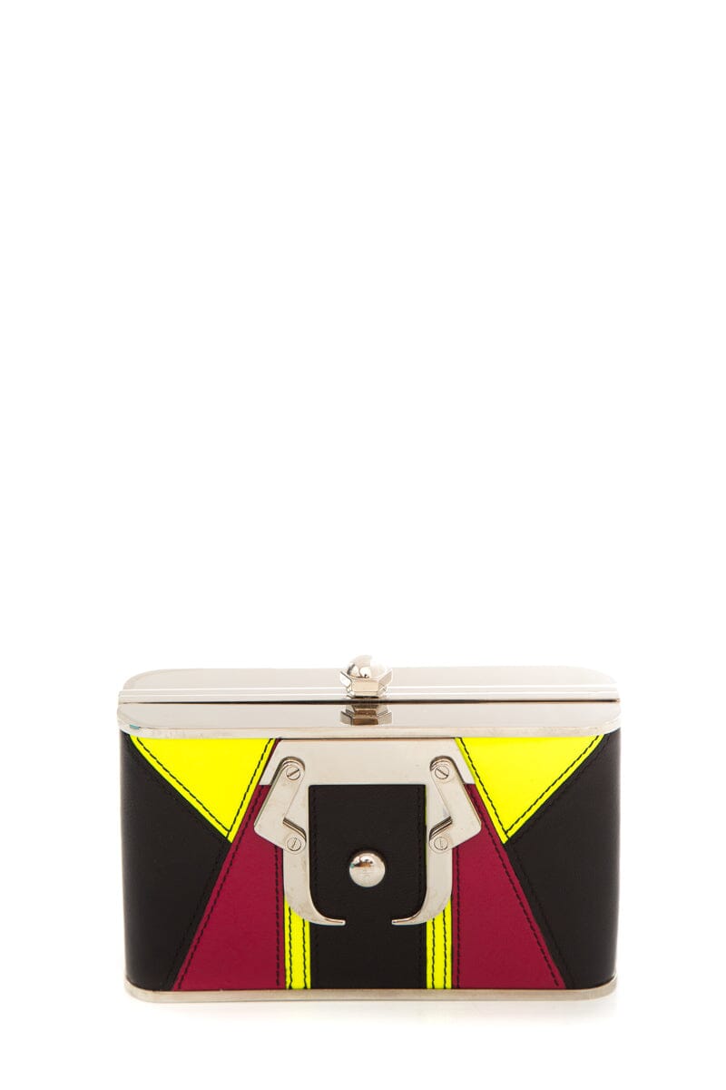 Paula Cademartori Neon Yellow & Black Leather Paneled Clutch NWT