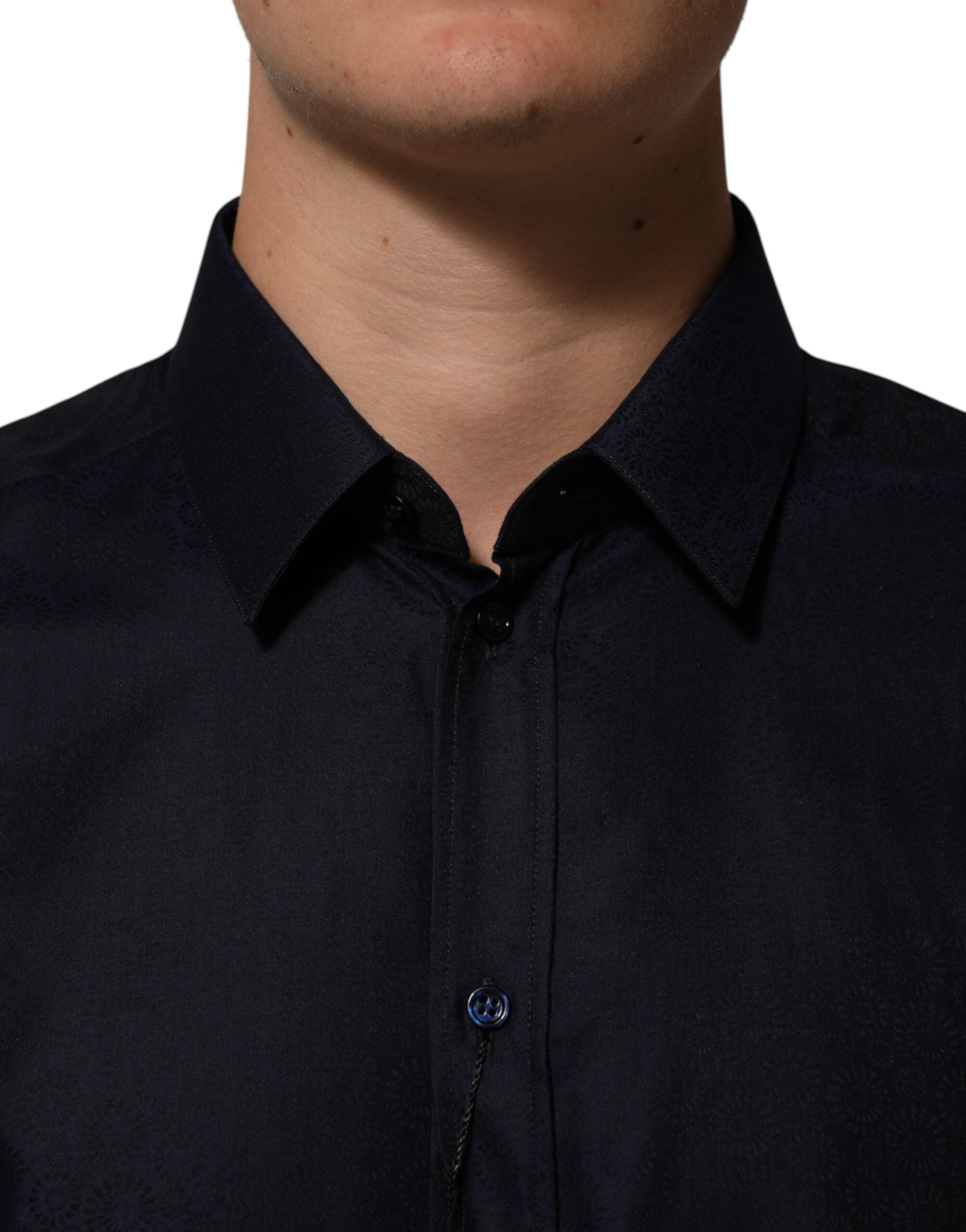 Dolce & Gabbana Blue Cotton Collared Long Sleeve GOLD Men Dress Shirt