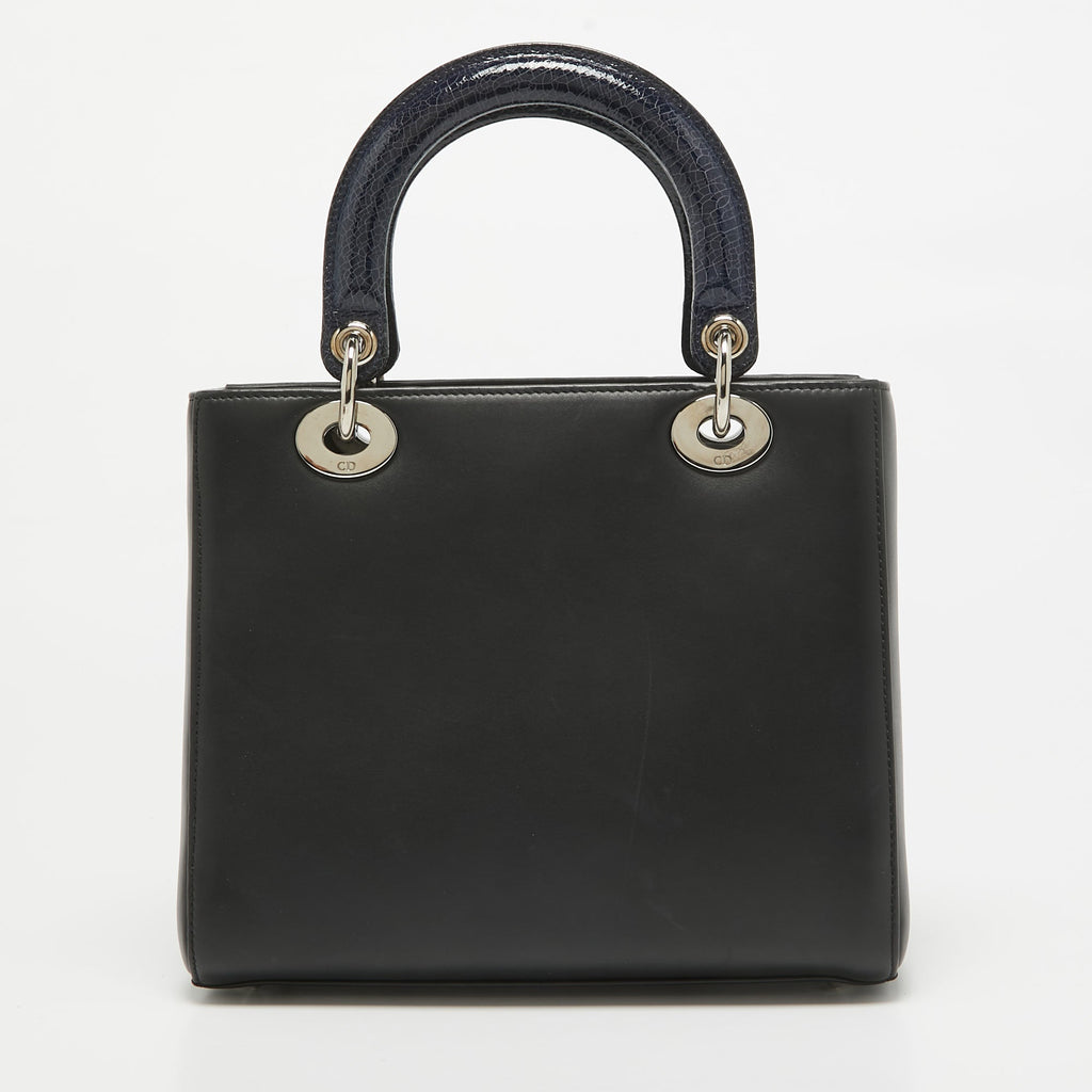Dior Black/blue Crackled  And Leather Medium Patch Embellished  Lady Dior Tote