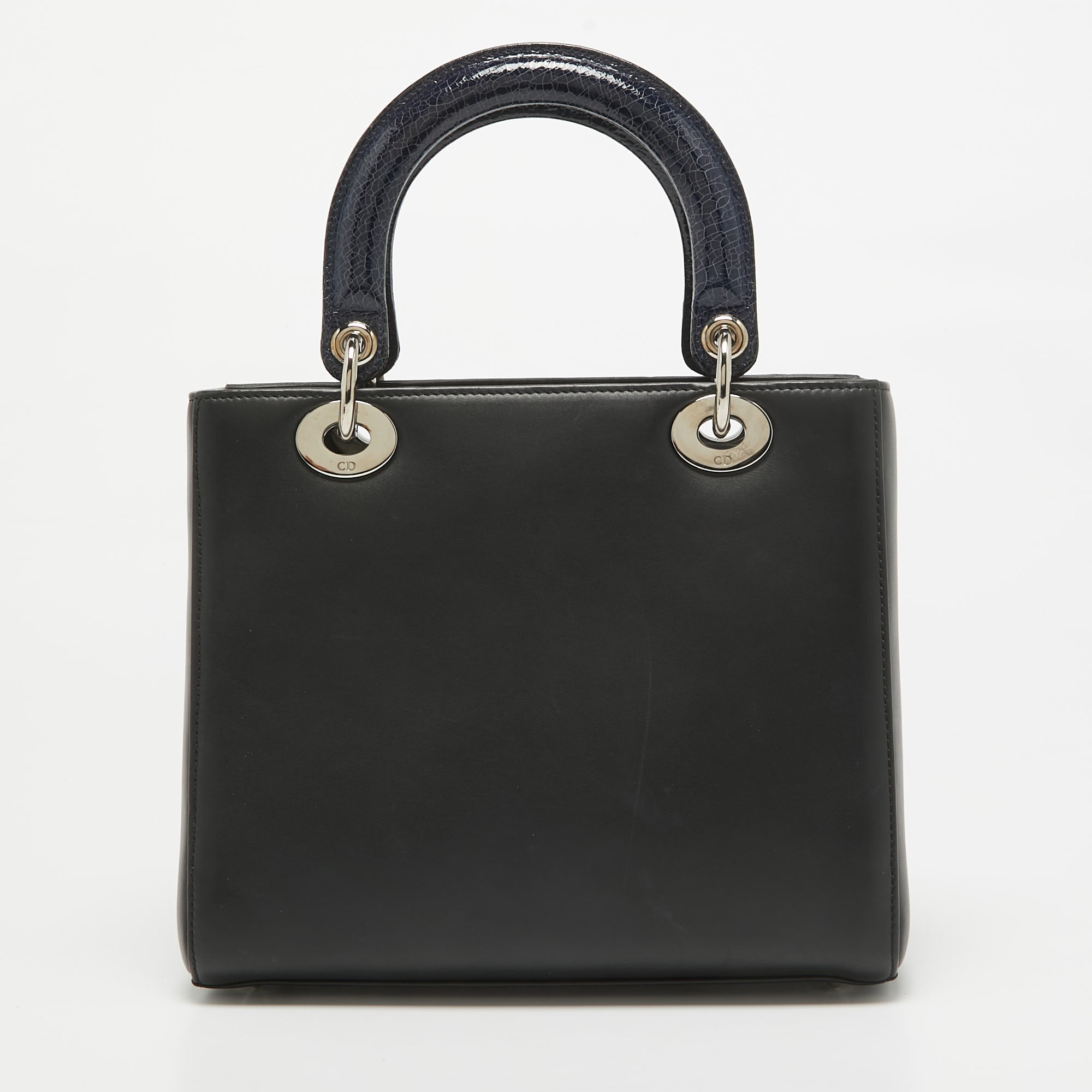 Dior Black/blue Crackled  And Leather Medium Patch Embellished  Lady Dior Tote