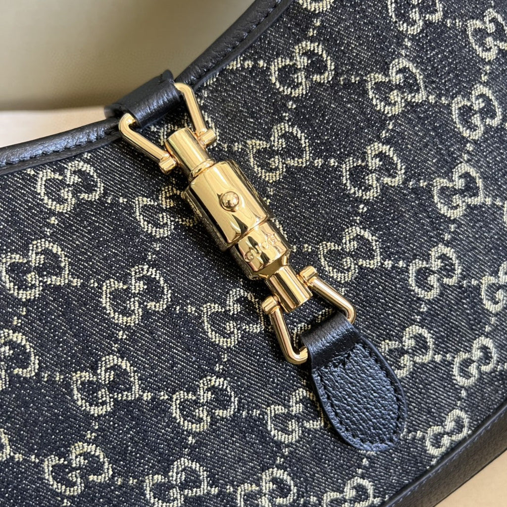 Gucci Jackie 1961 Small Shoulder Bag Black And Ivory Gucci Denim Jacquard For Women 11in/28cm 678843 UN3AG 1294