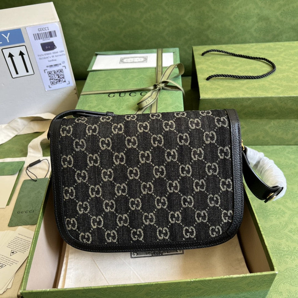 Gucci Horsebit 1955 Shoulder Bag Black And Ivory Gucci Denim Jacquard For Women 9.8in/25cm 602204 UN3BG 1274