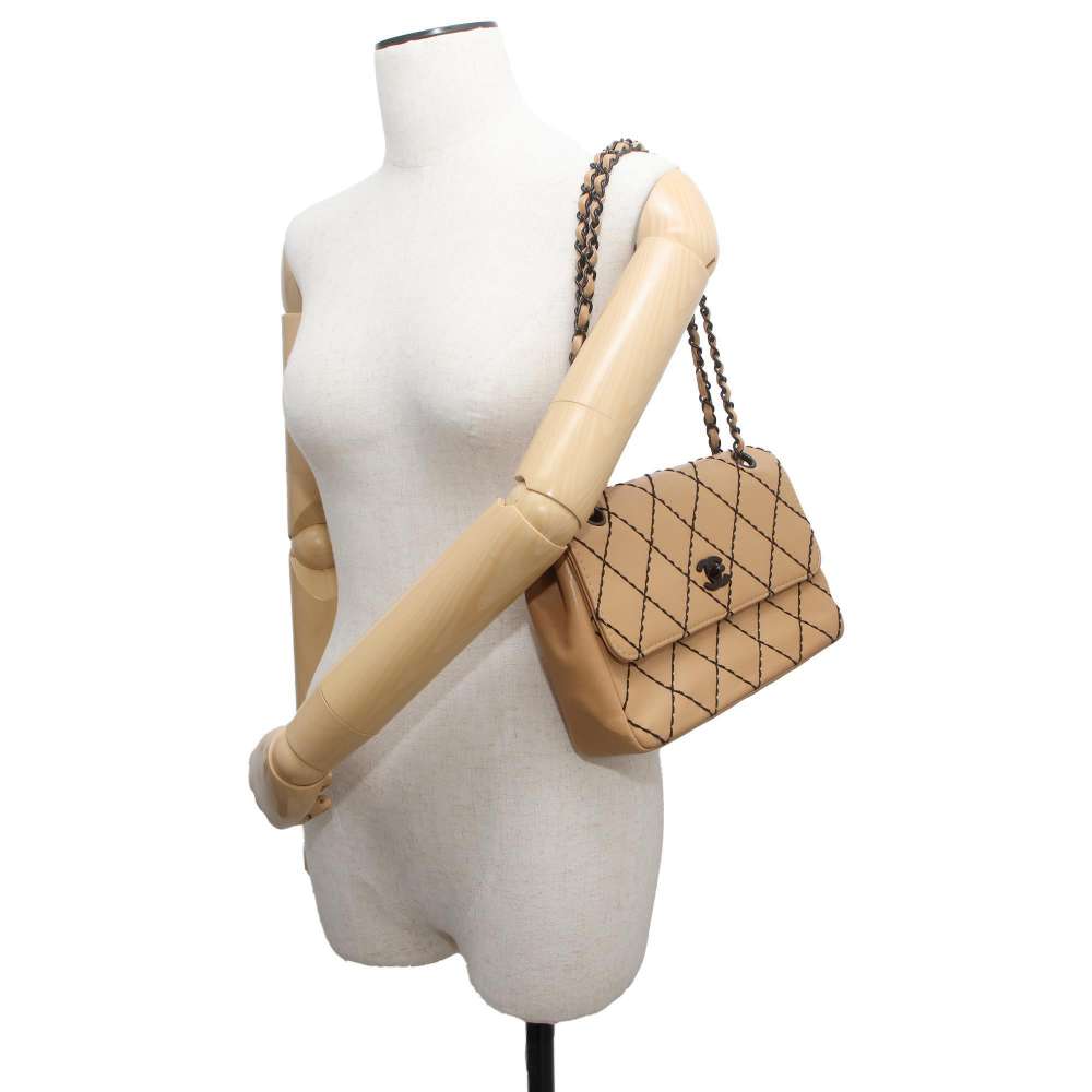CHANEL CC Logo Wild Stitch Double Chain Shoulder Bag BeigeA14687 Calf Leather