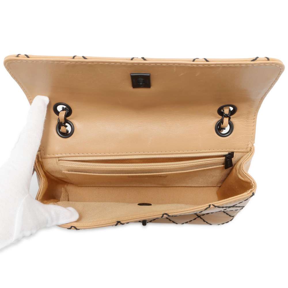 CHANEL CC Logo Wild Stitch Double Chain Shoulder Bag BeigeA14687 Calf Leather