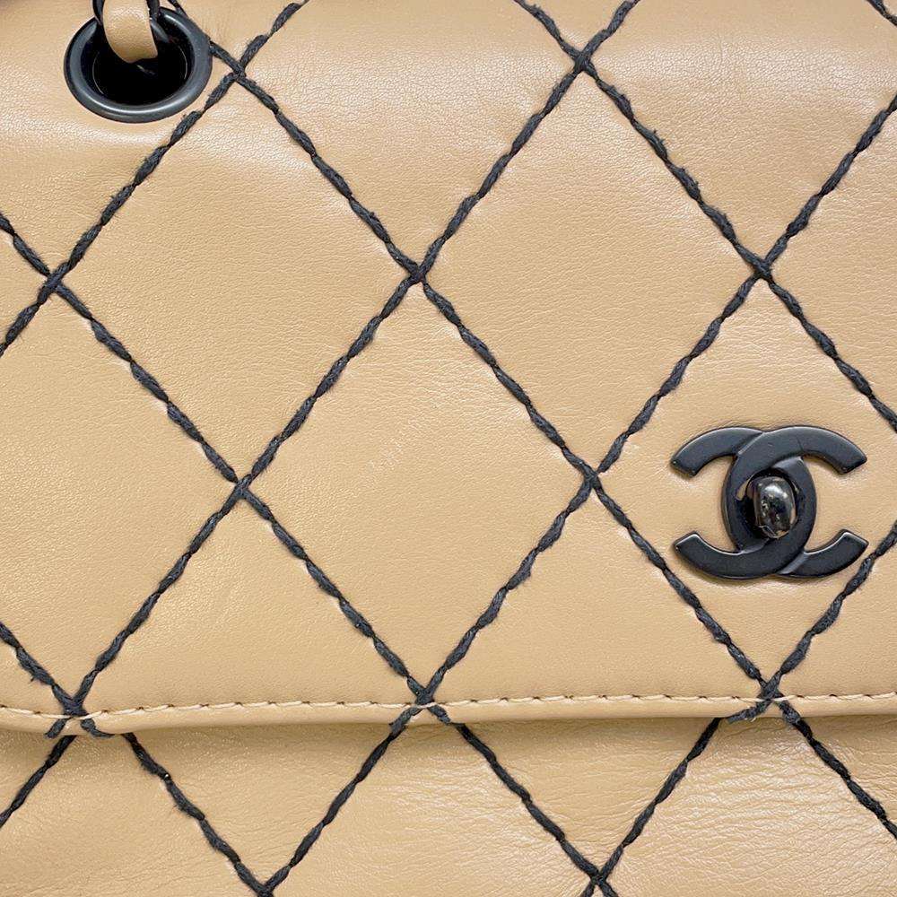 CHANEL CC Logo Wild Stitch Double Chain Shoulder Bag BeigeA14687 Calf Leather