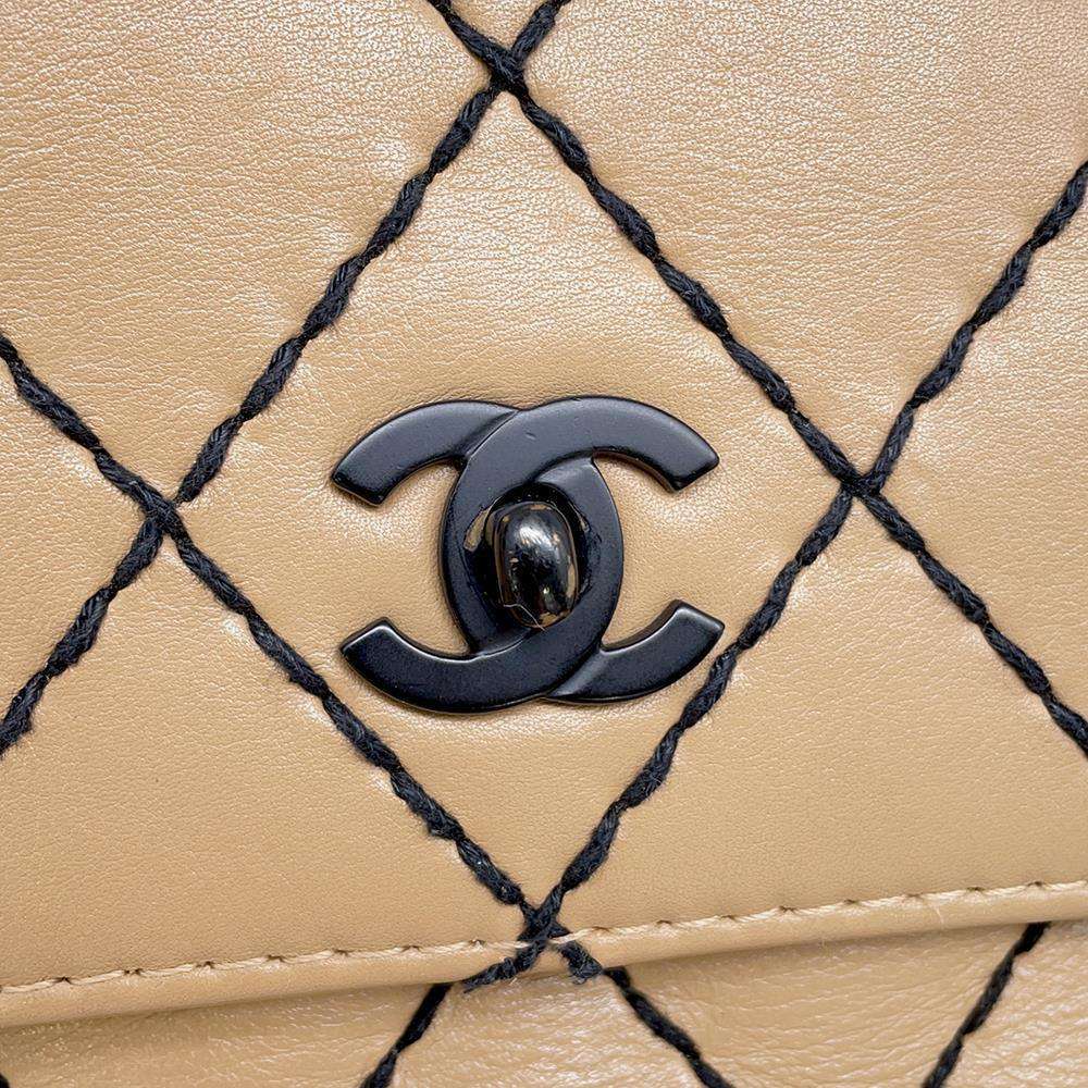CHANEL CC Logo Wild Stitch Double Chain Shoulder Bag BeigeA14687 Calf Leather