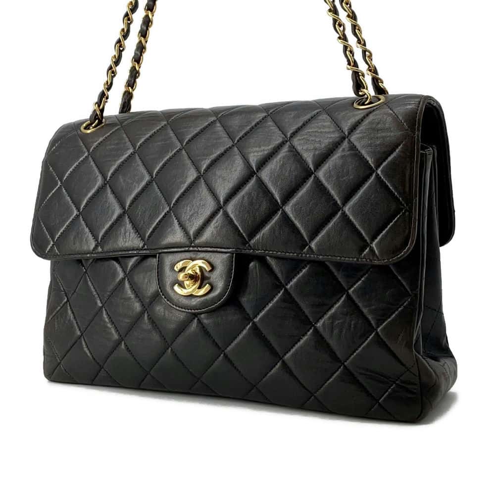 CHANEL Matelasse Double FaCeline ChainShoulder Bag Black Lambskin Size 30