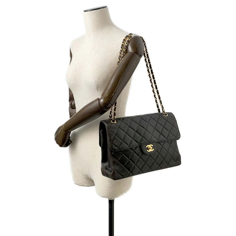 CHANEL Matelasse Double FaCeline ChainShoulder Bag Black Lambskin Size 30