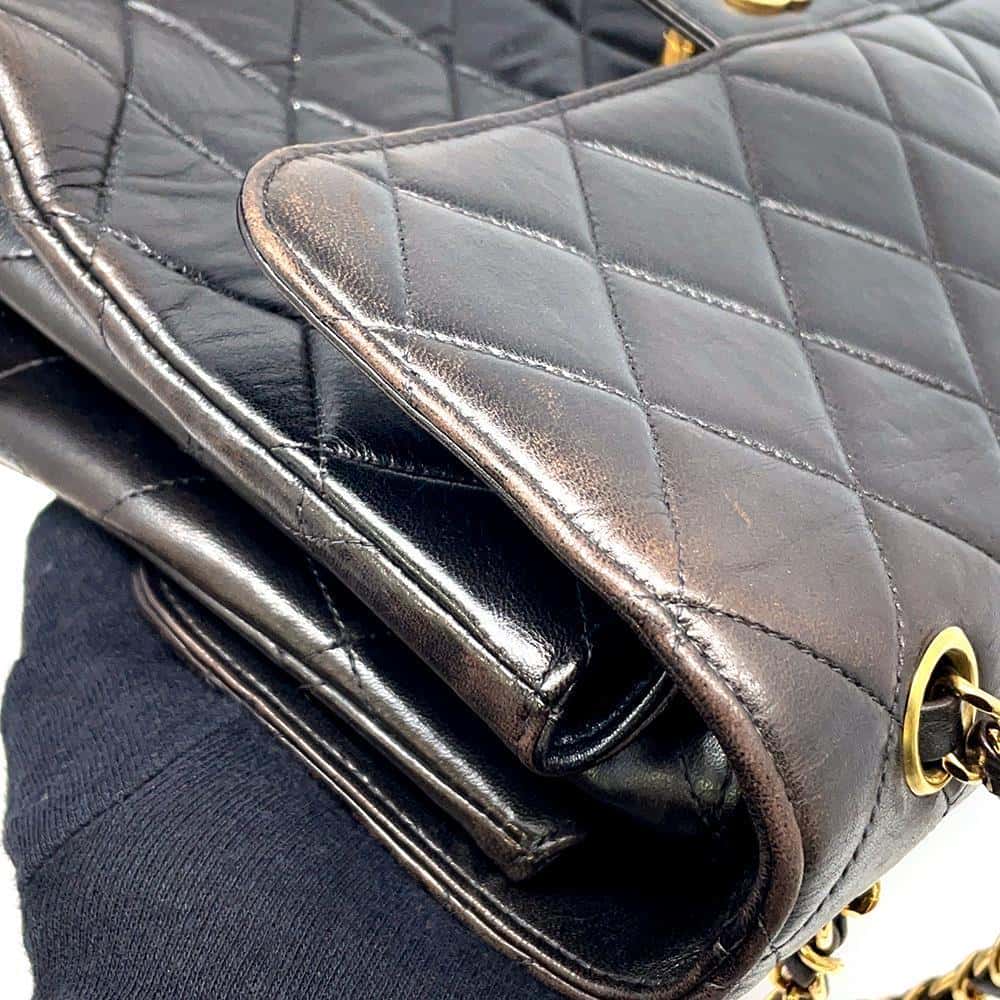 CHANEL Matelasse Double FaCeline ChainShoulder Bag Black Lambskin Size 30