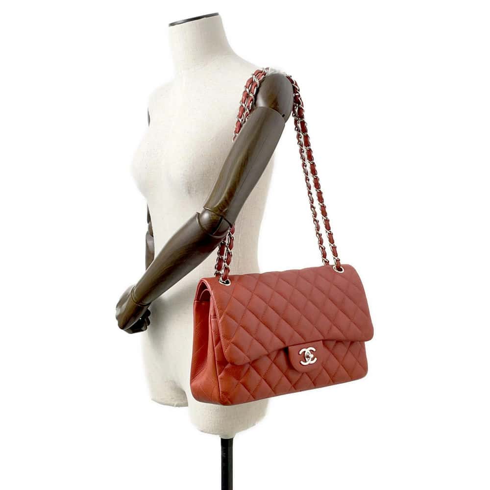 CHANEL Matelasse W Flap ChainShoulder Bag RedA58600 Caviar Leather Size 30