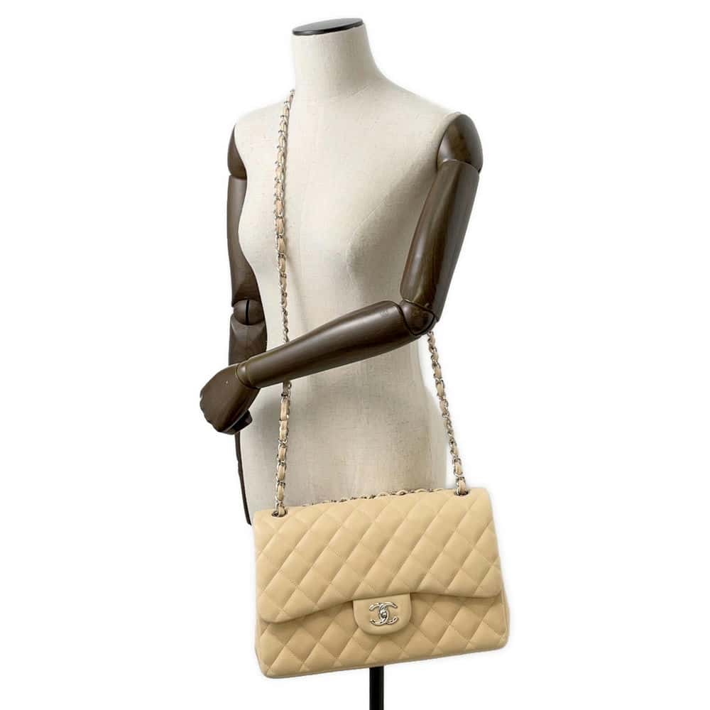 CHANEL Jumbo Matelasse Double Flap Shoulder Bag BeigeA58600 Lambskin Size 30